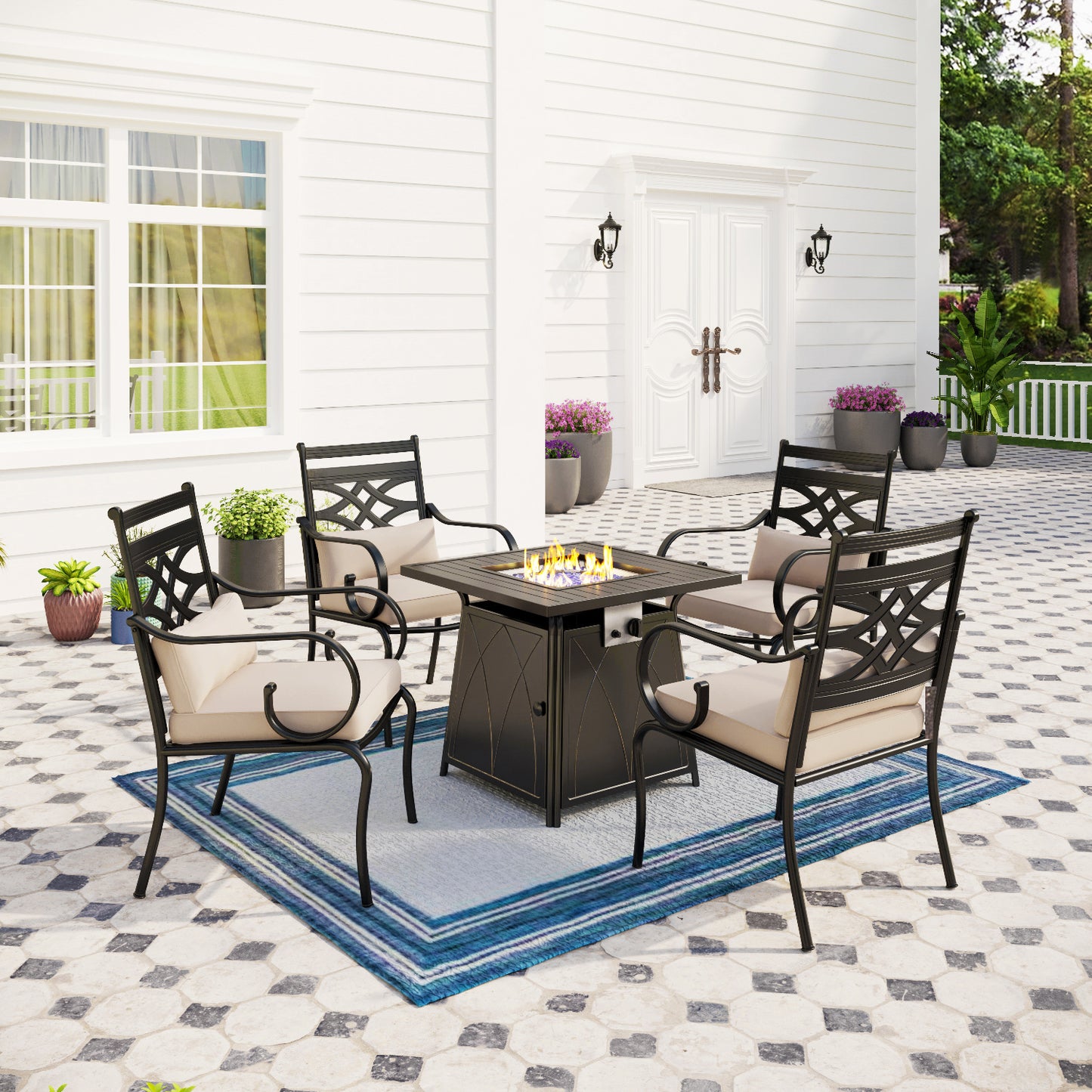 Captiva Designs 5pc Outdoor Patio Dining Set with Square Steel Table & Metal Armrest Chairs