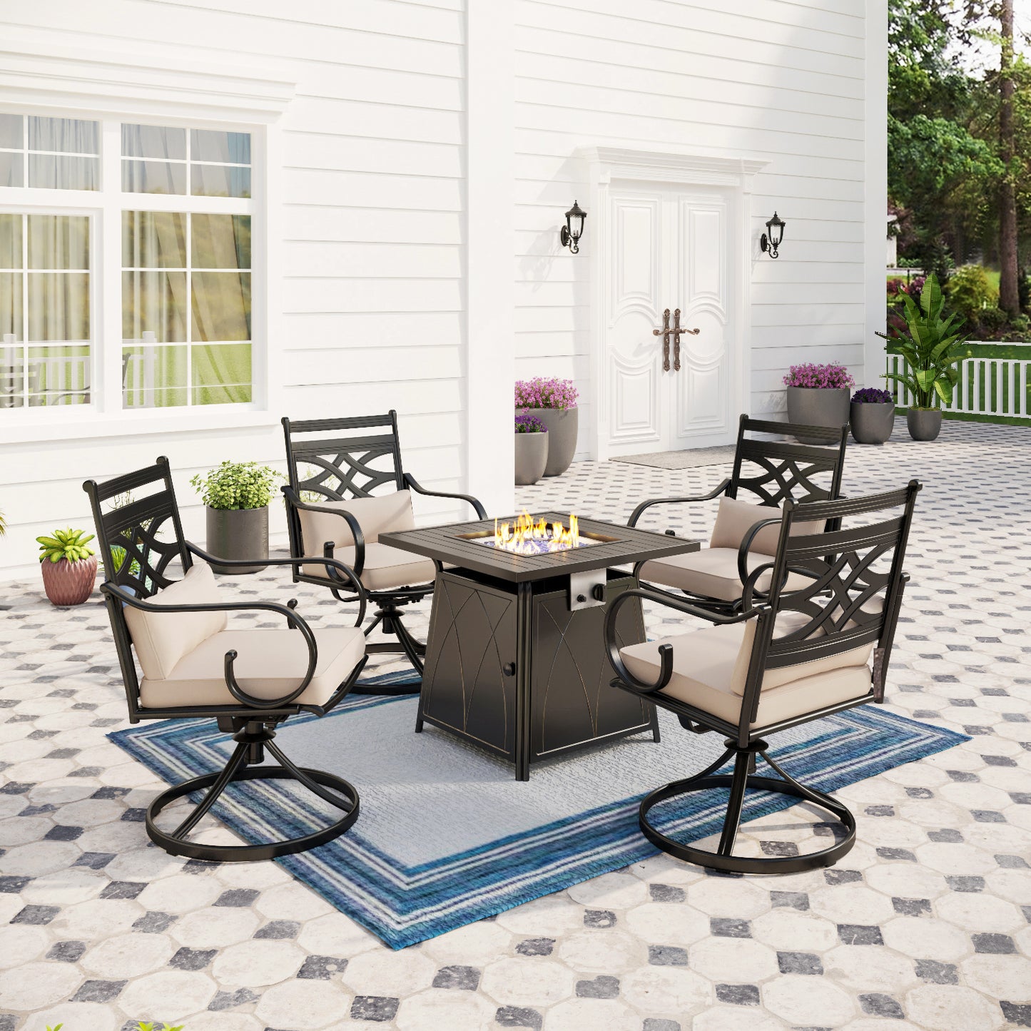 Captiva Designs 5pc Outdoor Patio Dining Set with Square Steel Table & Metal Armrest Chairs