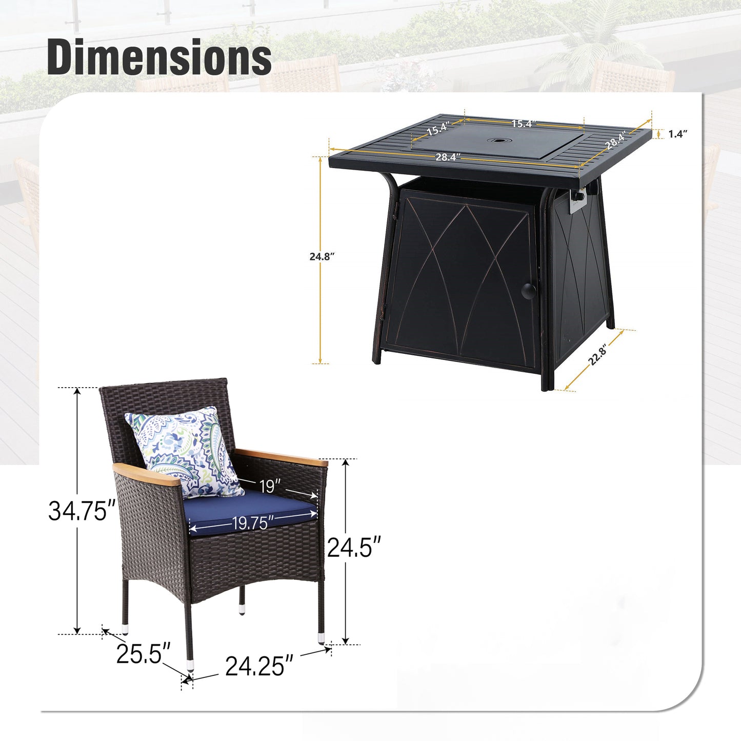 Captiva Designs 5pc Patio Dining Square Steel Fire Pit Table & Armrest Metal Frame Chairs