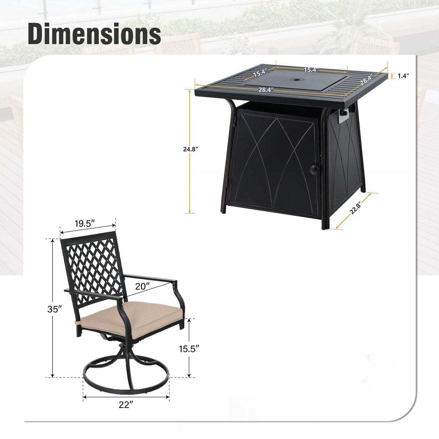 Captiva Designs 5pc Outdoor Patio Dining Set with Square Steel Table & Metal Armrest Chairs
