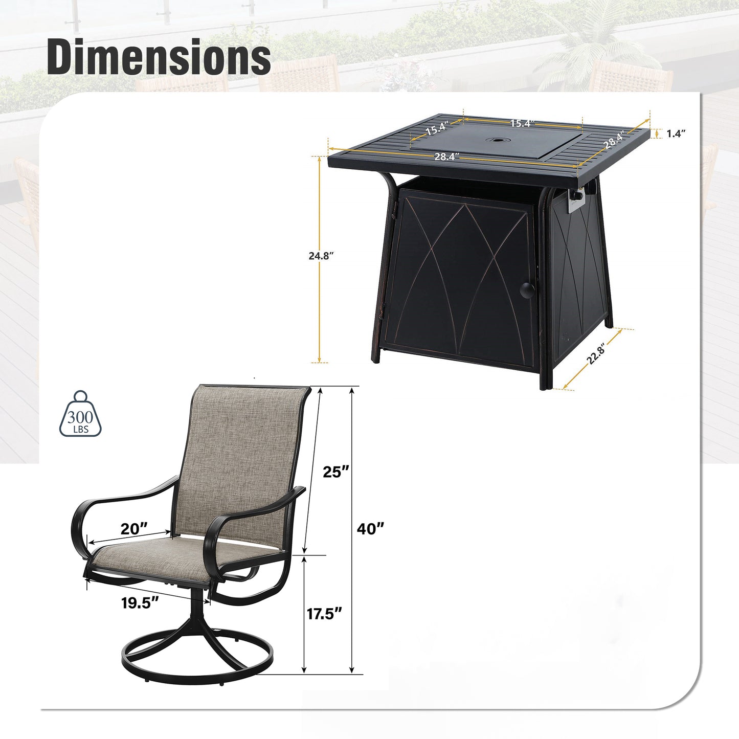 Captiva Designs 5pc Patio Dining Square Steel Fire Pit Table & Armrest Metal Frame Chairs