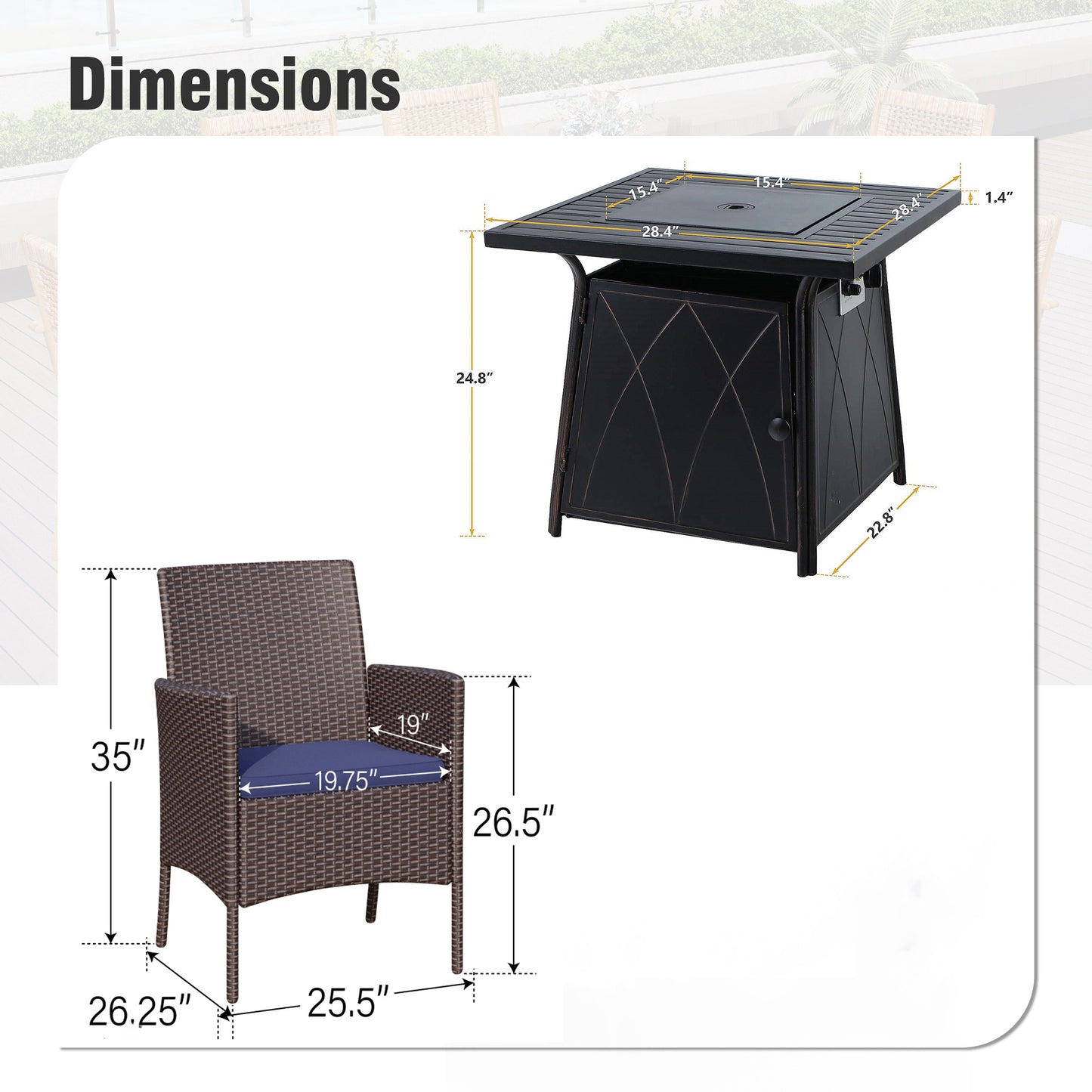 Captiva Designs 5pc Patio Dining Square Steel Fire Pit Table & Armrest Metal Frame Chairs