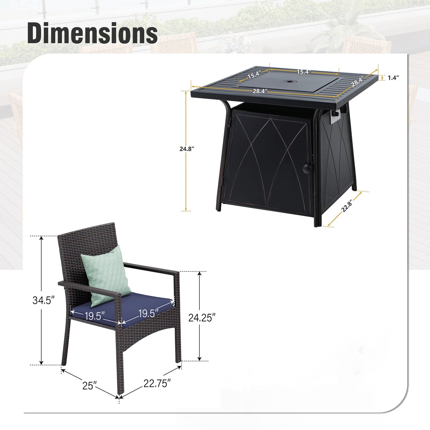 Captiva Designs 5pc Patio Dining Square Steel Fire Pit Table & Armrest Metal Frame Chairs