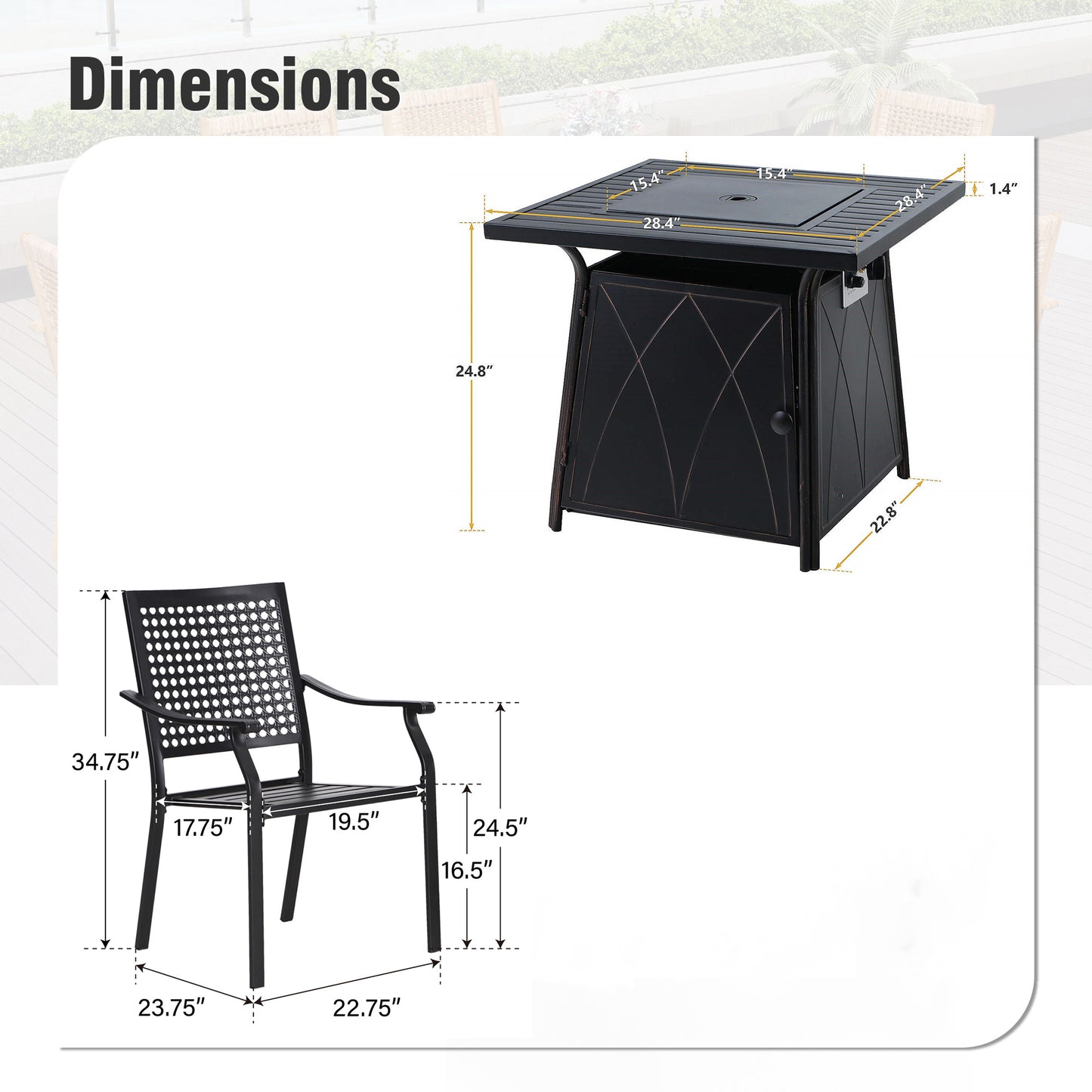 Captiva Designs 5pc Outdoor Patio Dining Set with Square Steel Table & Metal Armrest Chairs