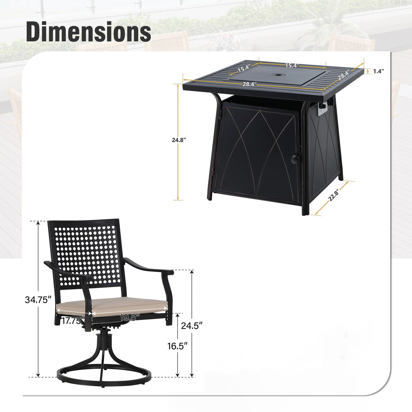 Captiva Designs 5pc Outdoor Patio Dining Set with Square Steel Table & Metal Armrest Chairs
