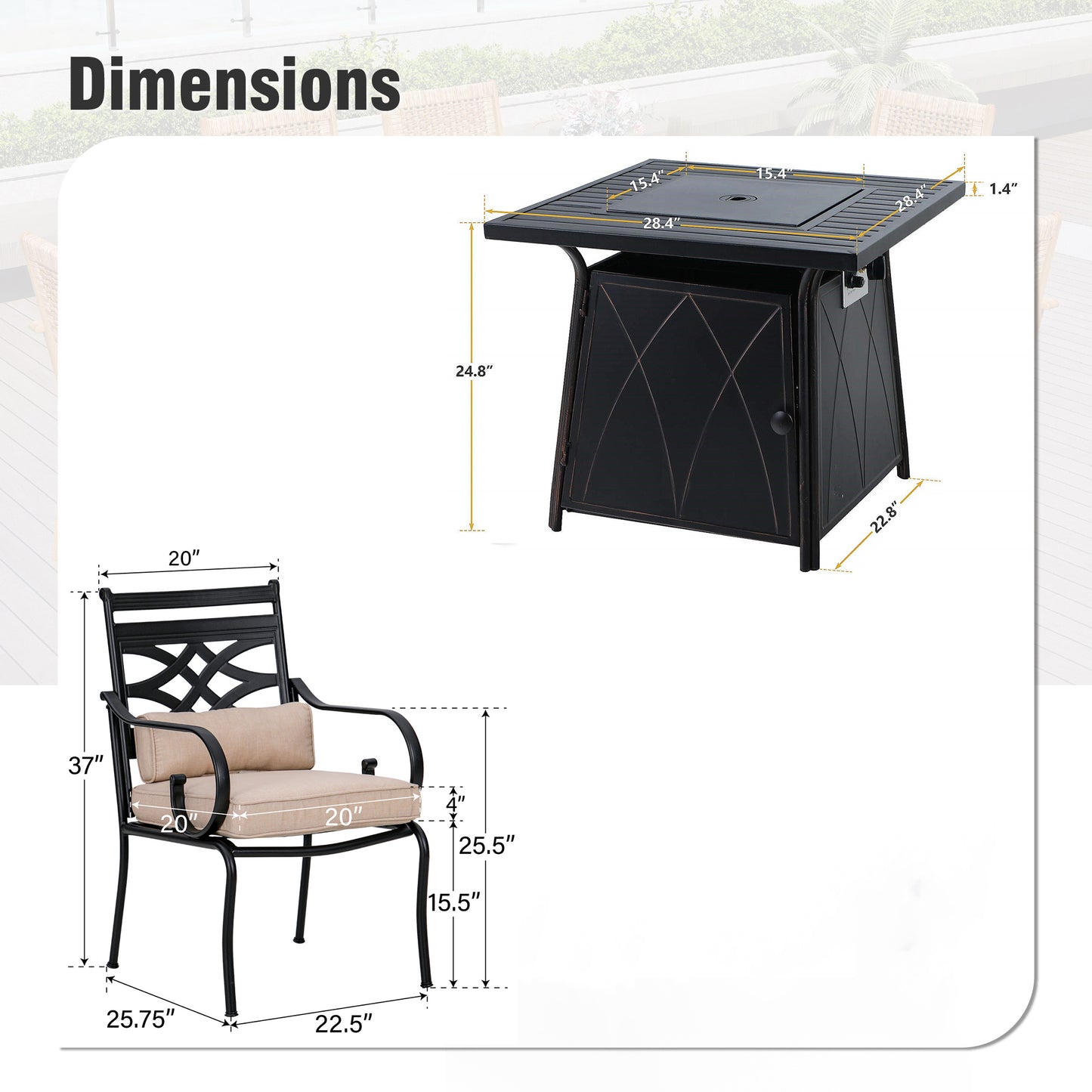 Captiva Designs 5pc Outdoor Patio Dining Set with Square Steel Table & Metal Armrest Chairs