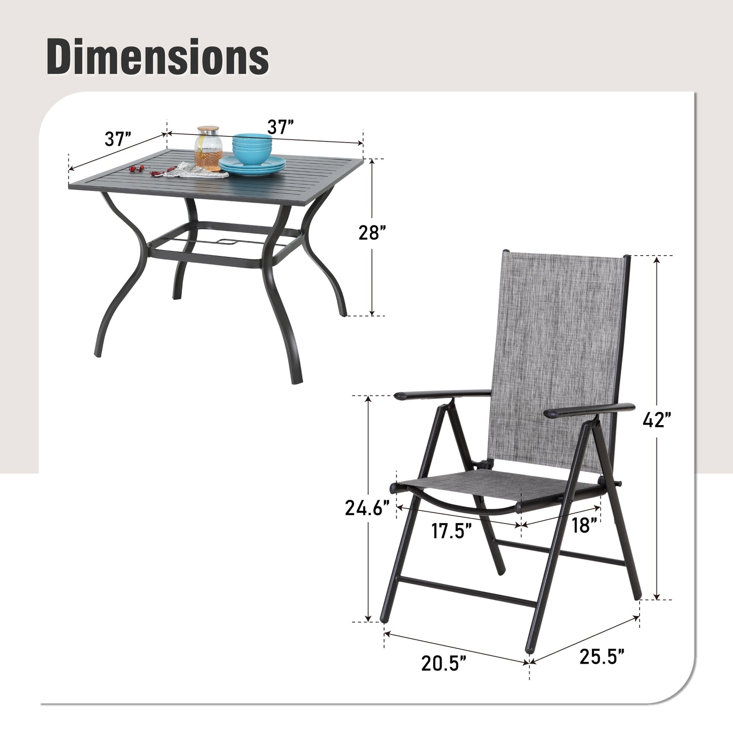 Captiva Designs 5pc Patio Dining Set Steel Frame Table with Umbrella Hole & Textilene Reclining Foldable Chairs