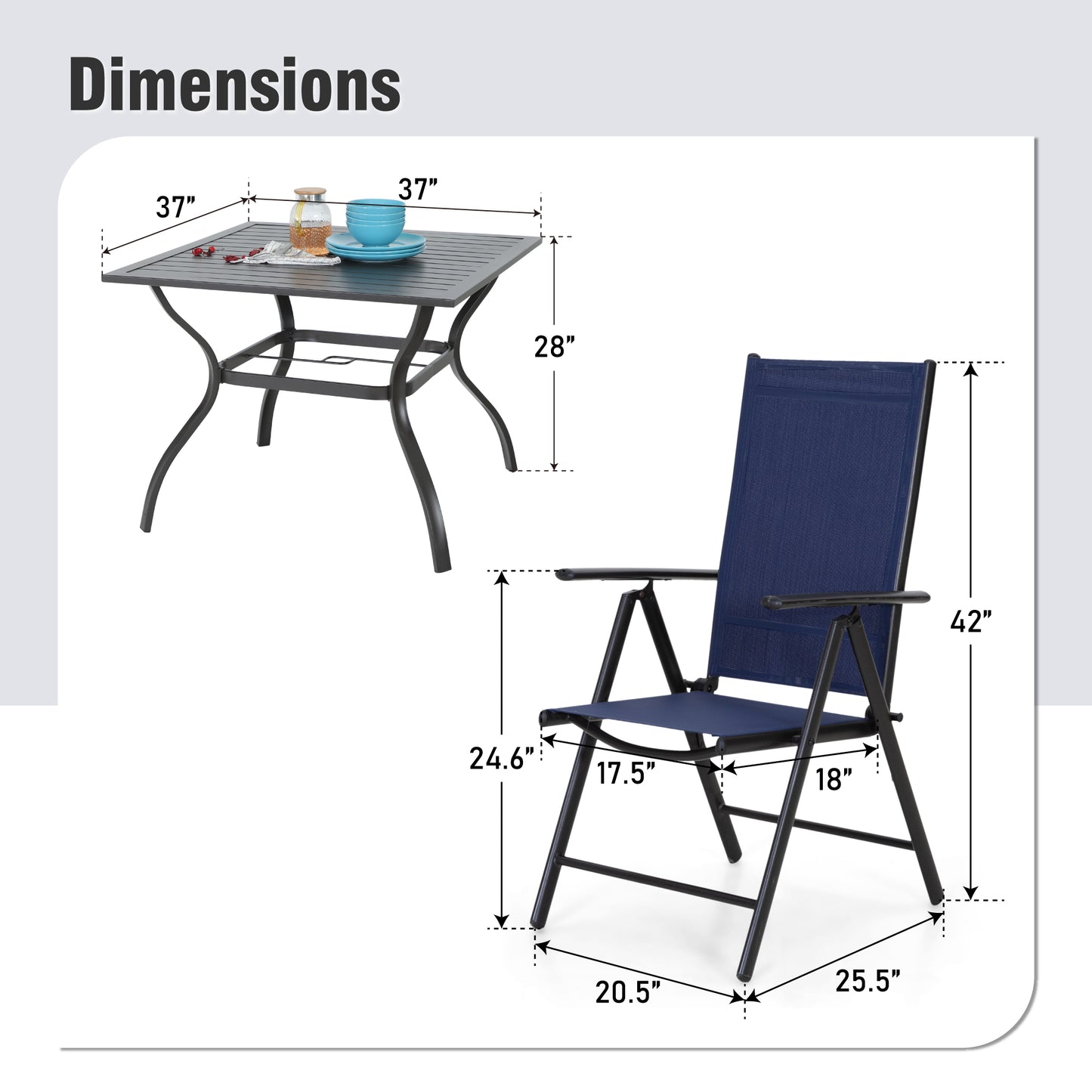 Captiva Designs 5pc Patio Dining Set Steel Frame Table with Umbrella Hole & Textilene Reclining Foldable Chairs
