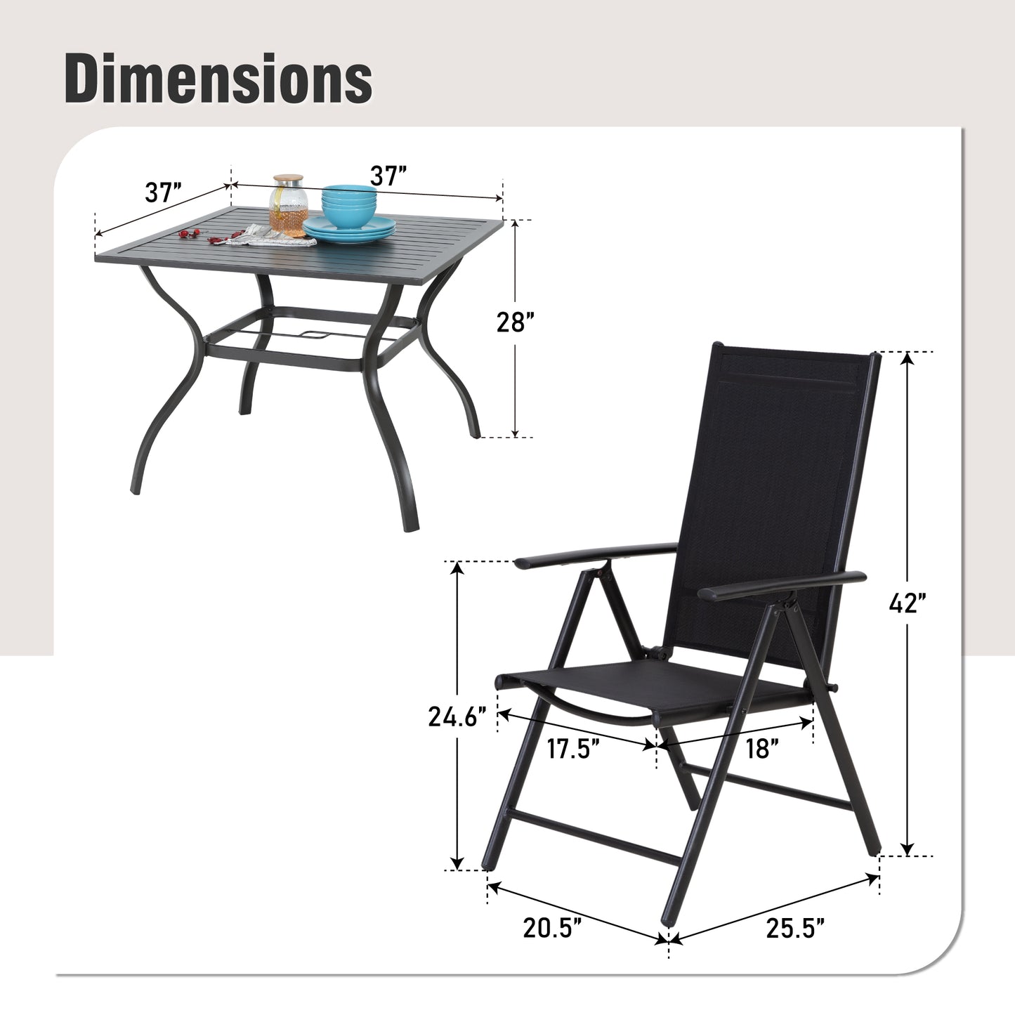 Captiva Designs 5pc Patio Dining Set Steel Frame Table with Umbrella Hole & Textilene Reclining Foldable Chairs