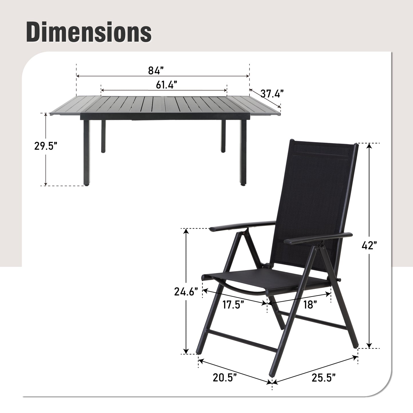Captiva Designs 9 件套露台餐桌椅套装，配有可调节钢制长方形餐桌和灰色吊带折叠椅