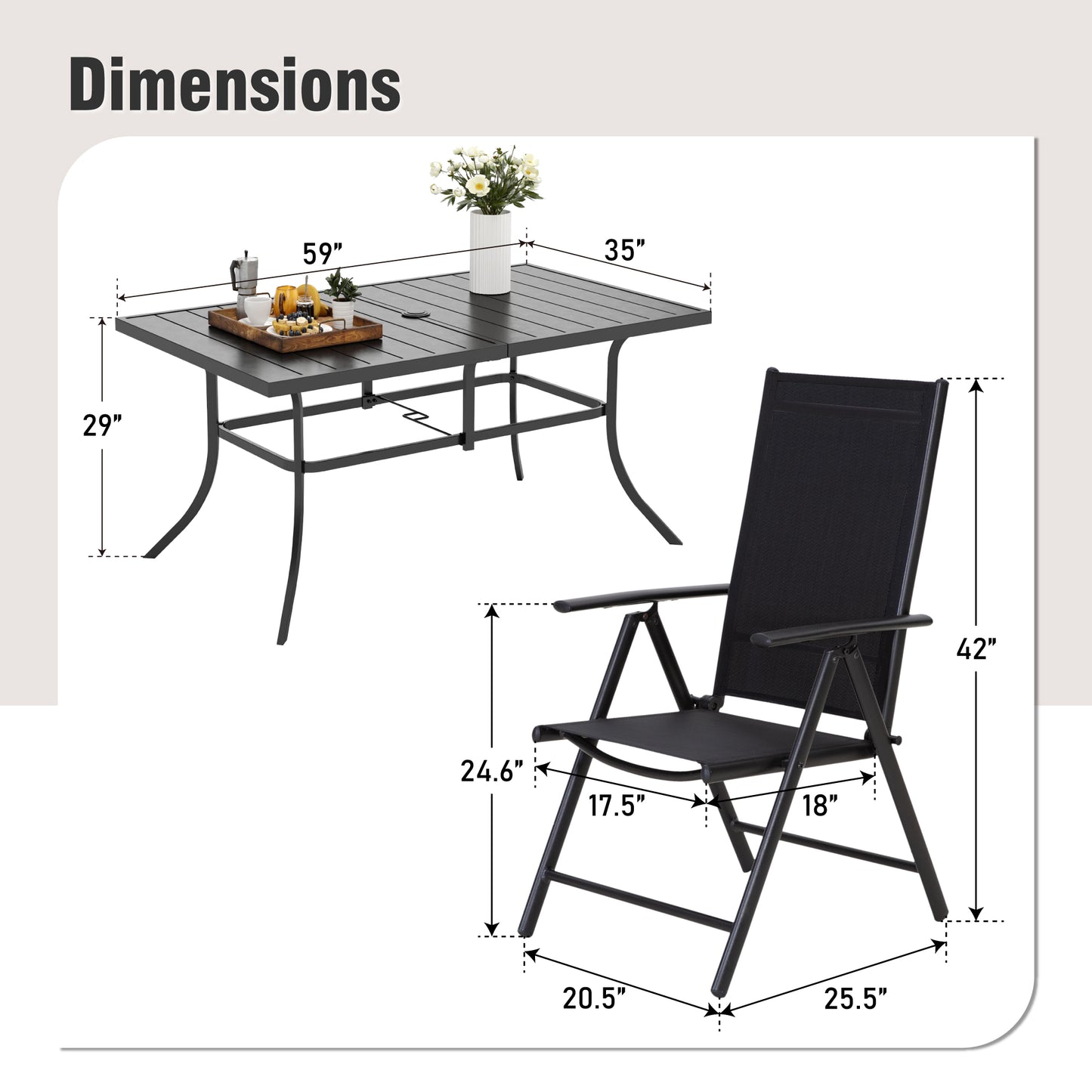 Captiva Designs 7pc Patio Dining Rectangular Steel Table & Pre-assembled Textilene Reclining Foldable Chairs