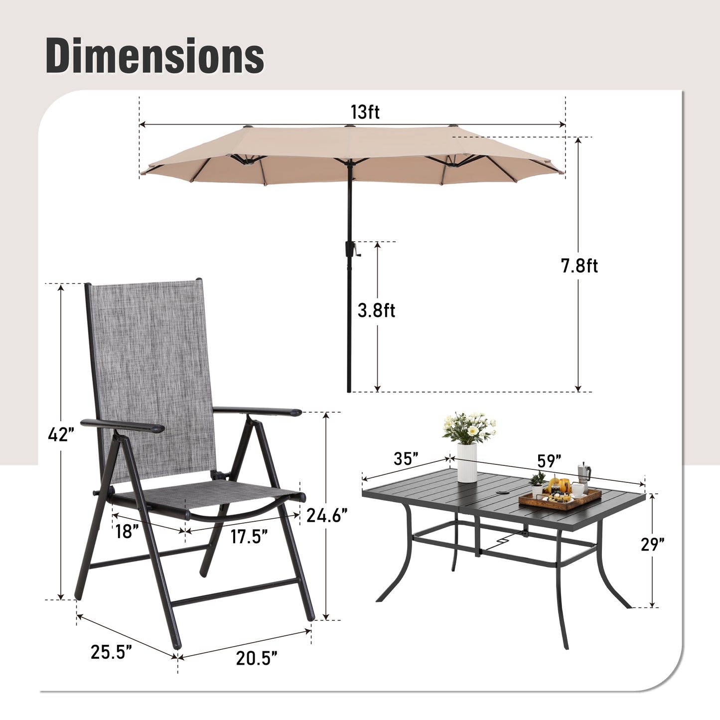 Captiva Designs 8 件套露台板条矩形桌、Textilene 可躺折叠椅和 13 英尺大号米色遮阳伞
