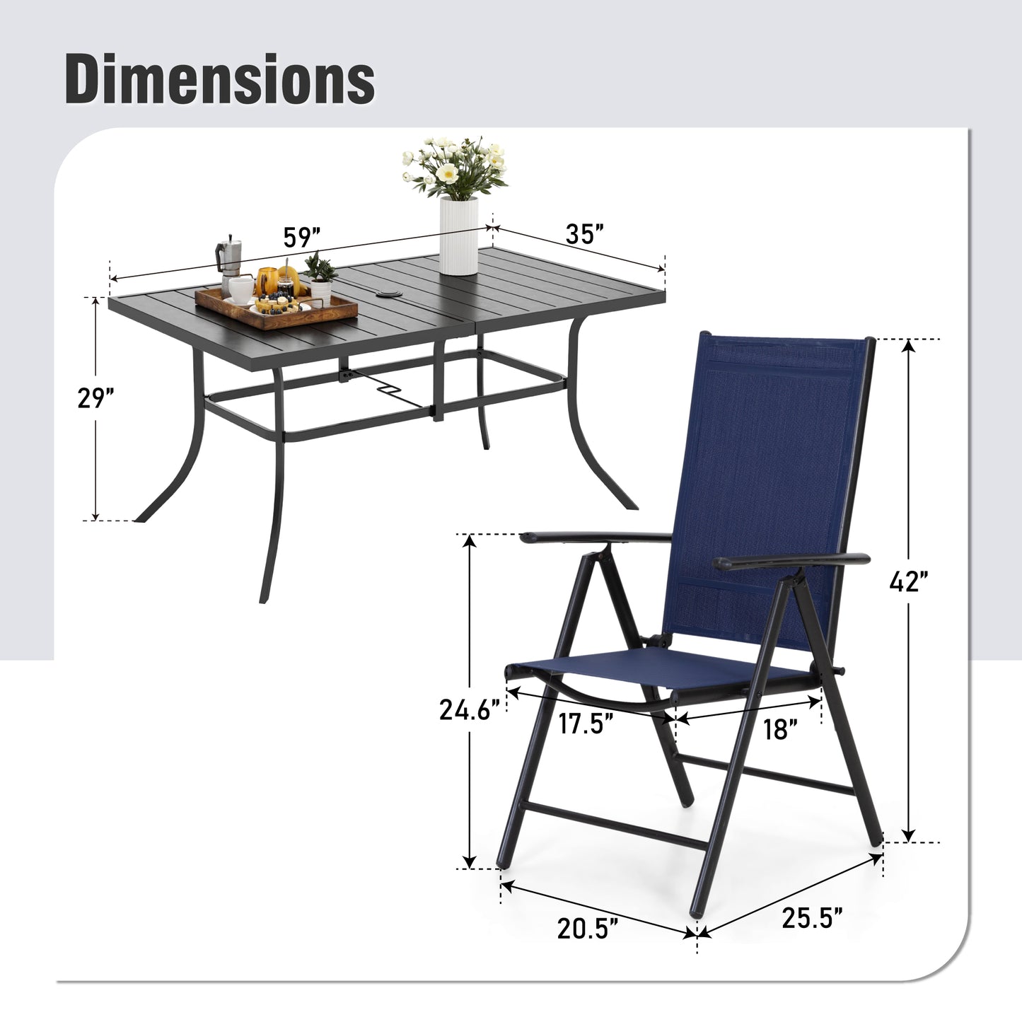 Captiva Designs 7pc Patio Dining Rectangular Steel Table & Pre-assembled Textilene Reclining Foldable Chairs