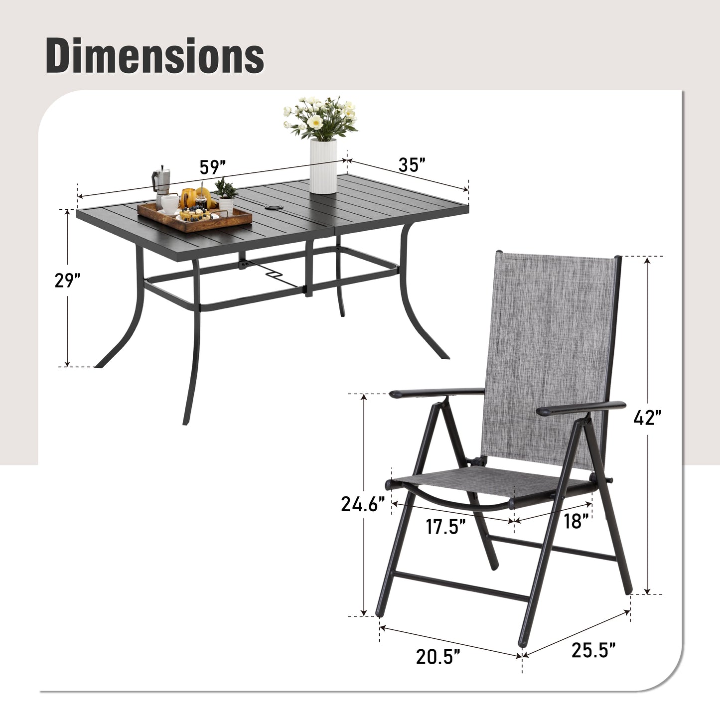 Captiva Designs 7pc Patio Dining Rectangular Steel Table & Pre-assembled Textilene Reclining Foldable Chairs