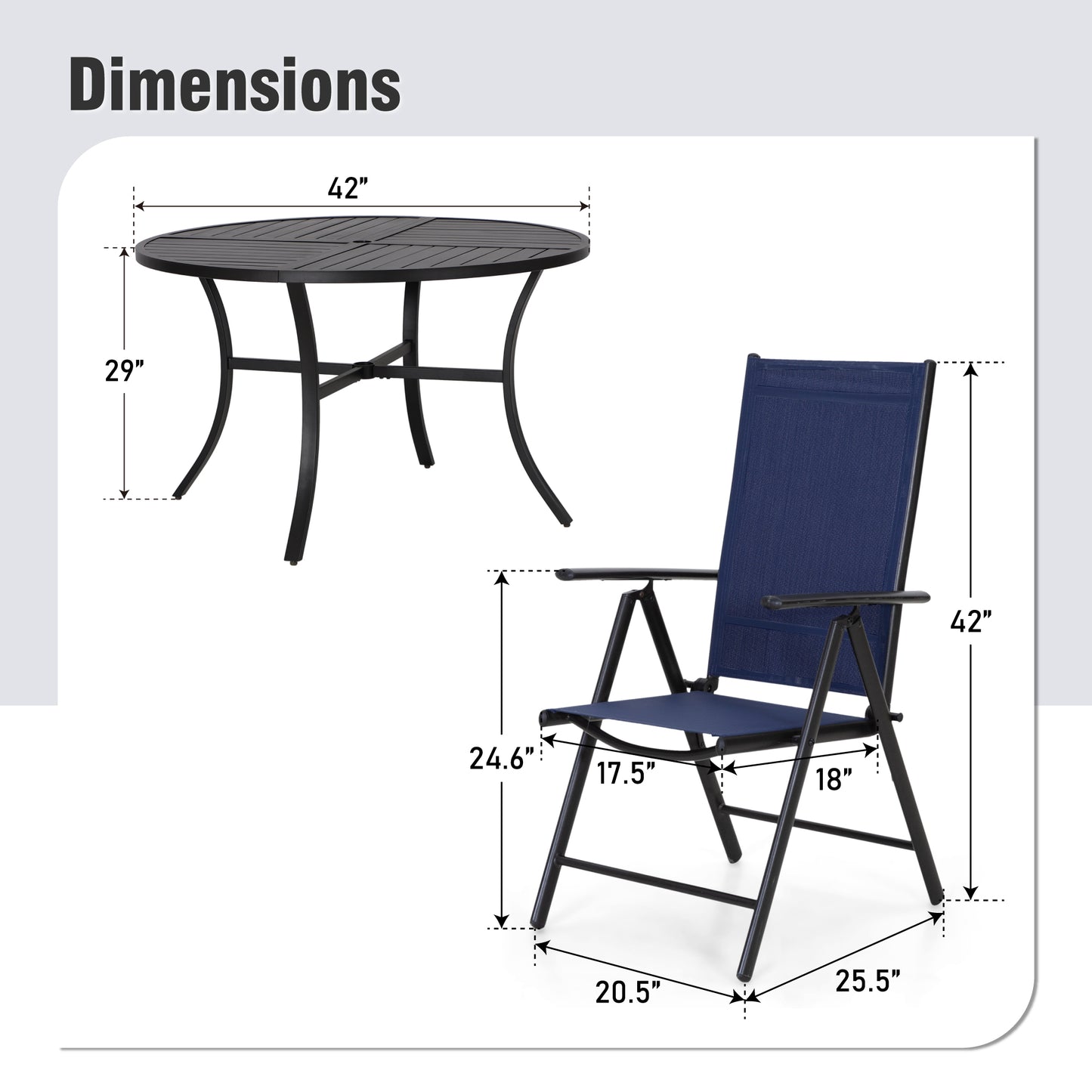 Captiva Designs 5pc Patio Dining Set Steel Frame Table with Umbrella Hole & Textilene Reclining Foldable Chairs