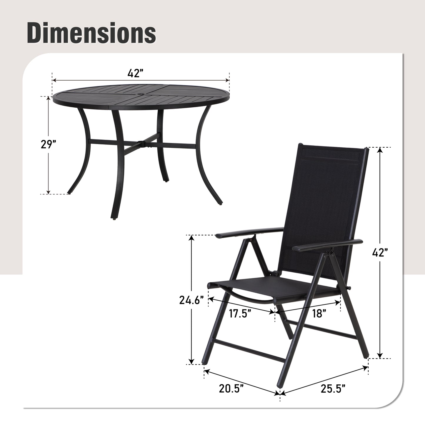 Captiva Designs 5pc Patio Dining Set Steel Frame Table with Umbrella Hole & Textilene Reclining Foldable Chairs