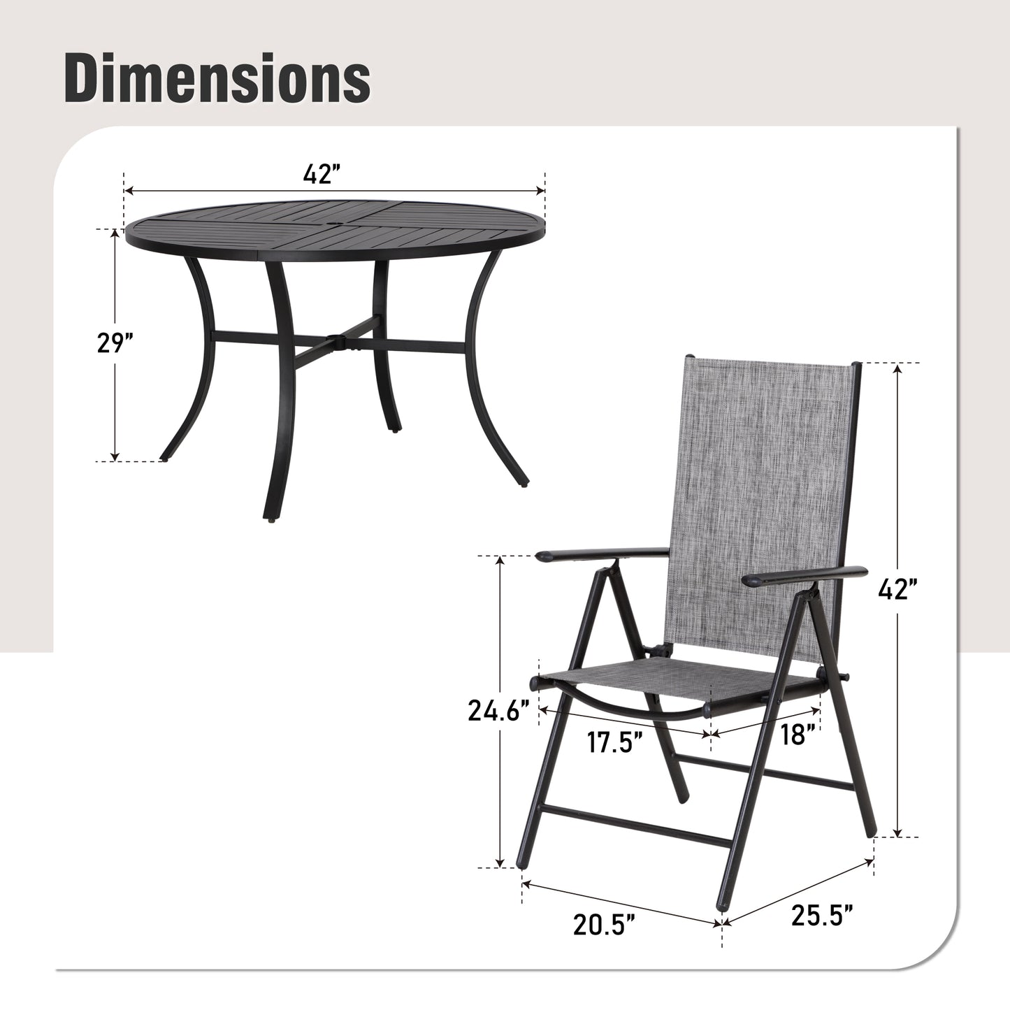 Captiva Designs 5pc Patio Dining Set Steel Frame Table with Umbrella Hole & Textilene Reclining Foldable Chairs