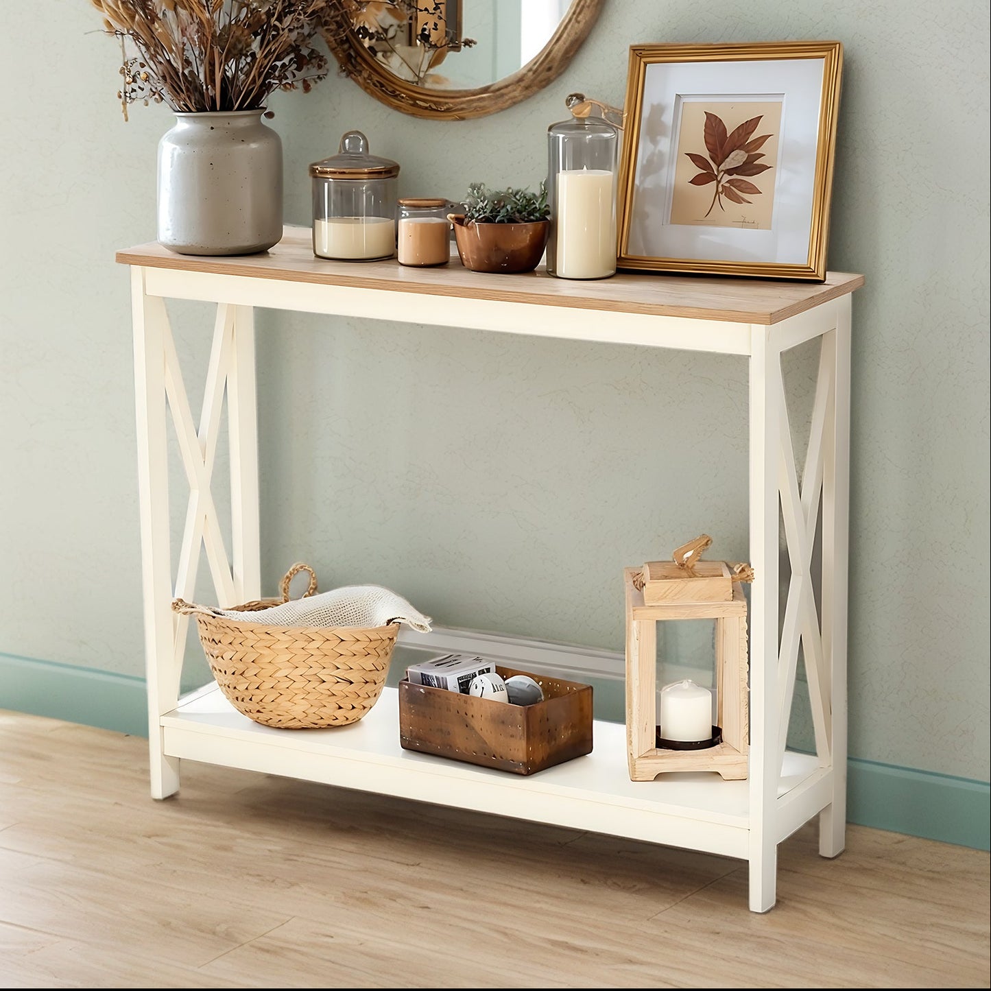Captiva Designs Farmhouse Console Table with Shelf or Drawers, Narrow 2-Tier Entryway or Hallway Table, Ivory Finish