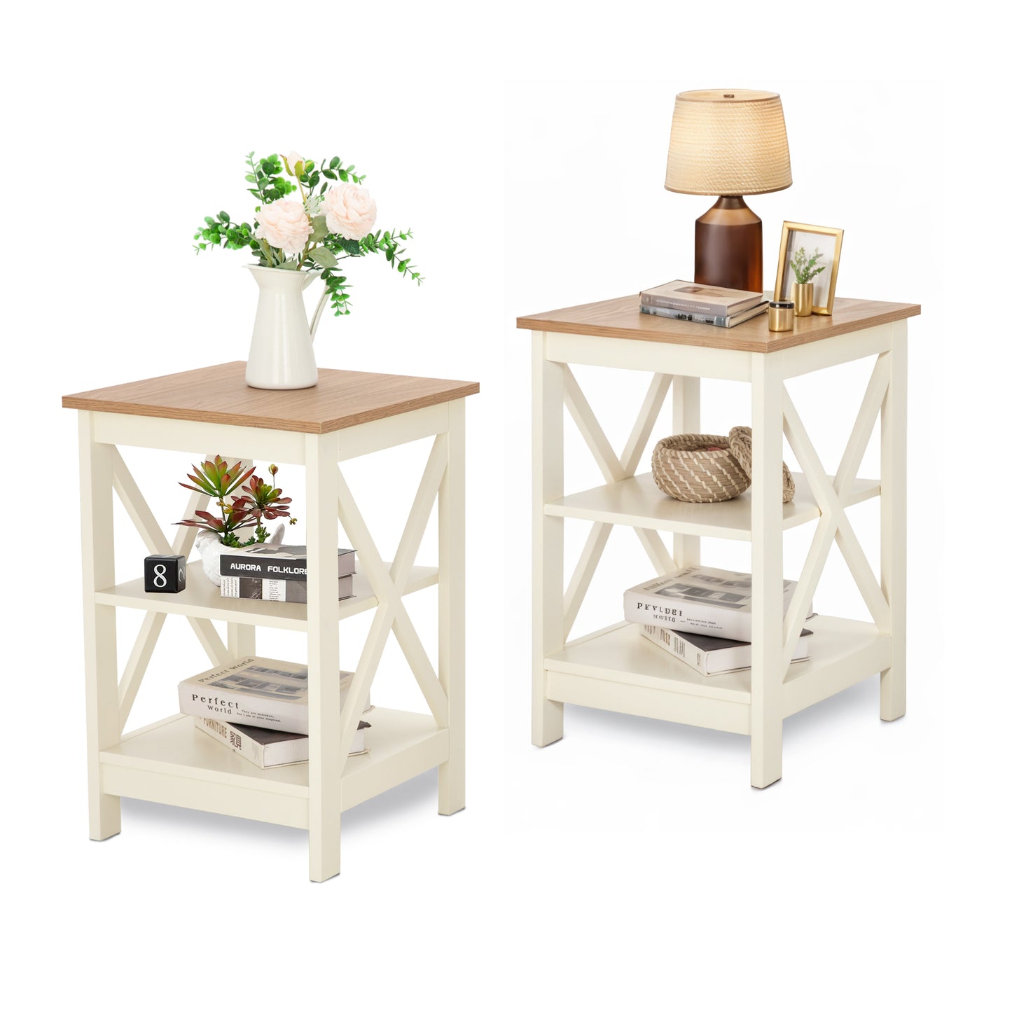 Captiva Designs Farmhouse End Table Set of 2, 3-Tier Rustic Side Tables with X-Shape Design, Wooden Nightstands for Living Room or Bedroom