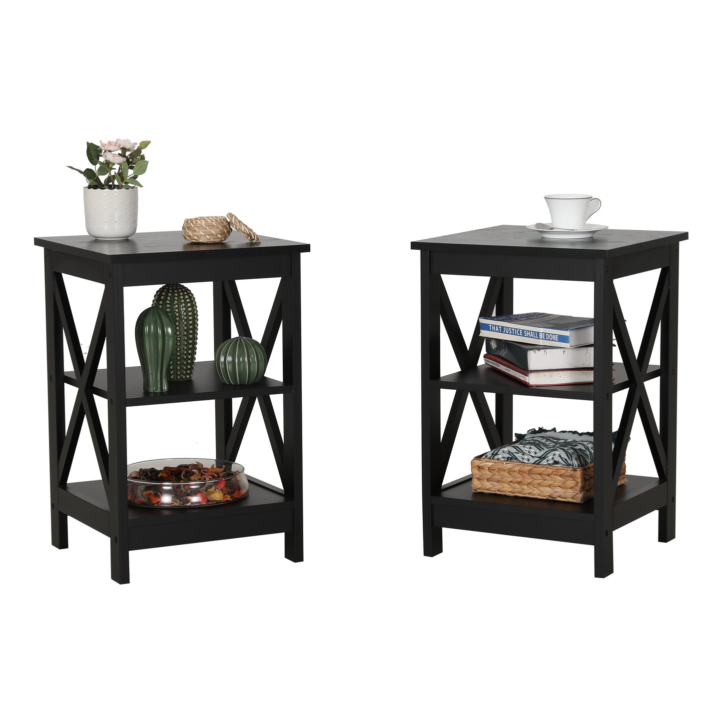 Captiva Designs Farmhouse End Table Set of 2, 3-Tier Rustic Side Tables with X-Shape Design, Wooden Nightstands for Living Room or Bedroom