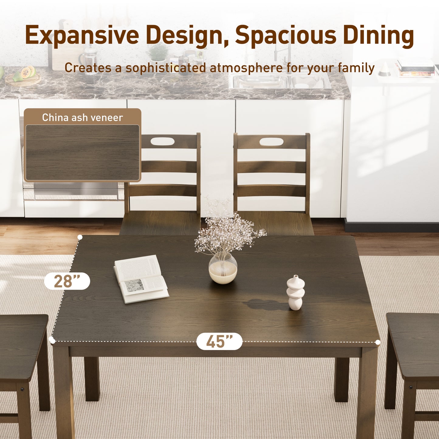 Captiva Designs 5 Pieces Dining Set with Solid Premium Rubberwood Rectangular Table & 4 Comfortable Chairs