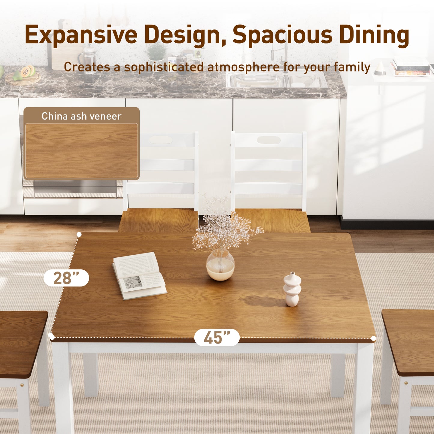 Captiva Designs 5 Pieces Dining Set with Solid Premium Rubberwood Rectangular Table & 4 Comfortable Chairs