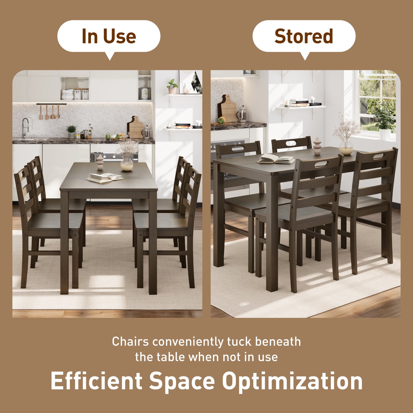 Captiva Designs 5 Pieces Dining Set with Solid Premium Rubberwood Rectangular Table & 4 Comfortable Chairs