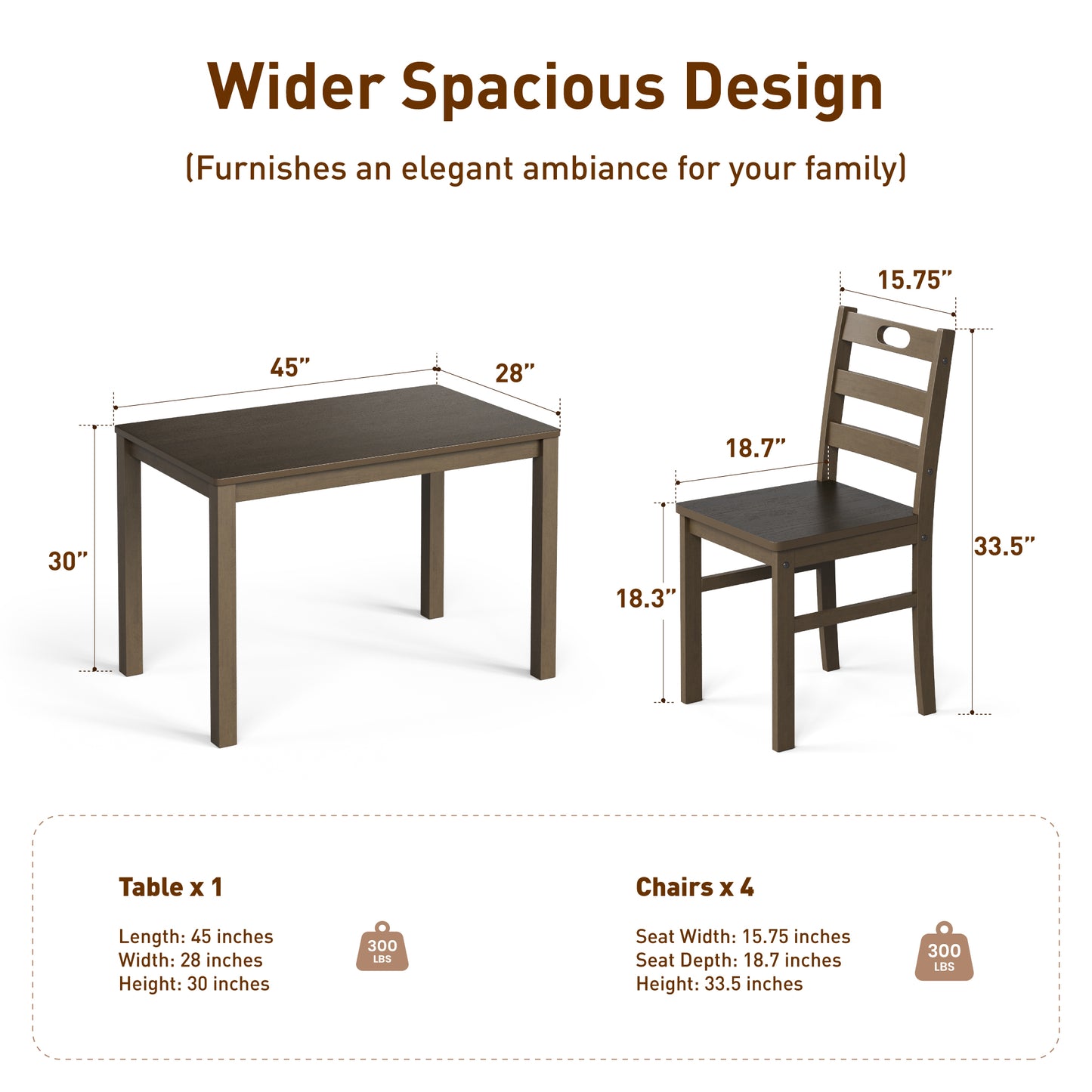 Captiva Designs 5 Pieces Dining Set with Solid Premium Rubberwood Rectangular Table & 4 Comfortable Chairs