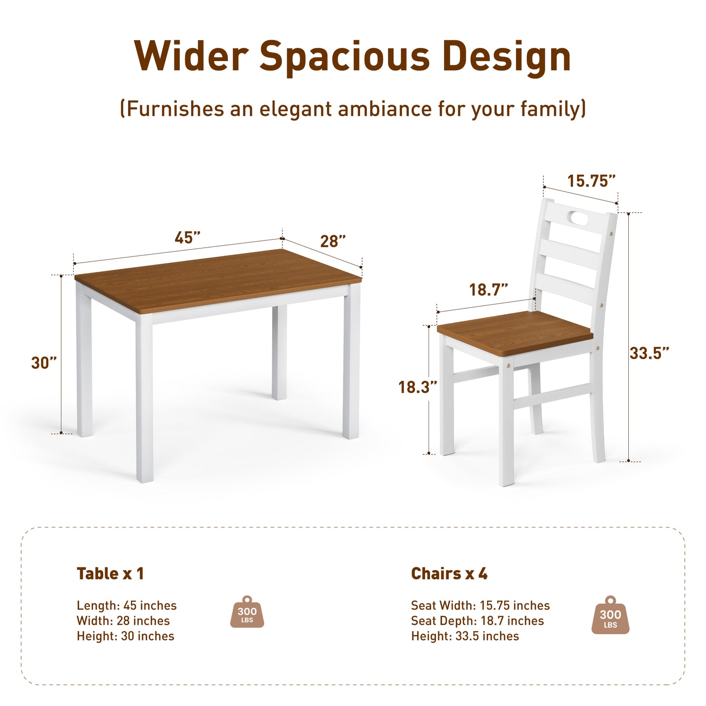 Captiva Designs 5 Pieces Dining Set with Solid Premium Rubberwood Rectangular Table & 4 Comfortable Chairs