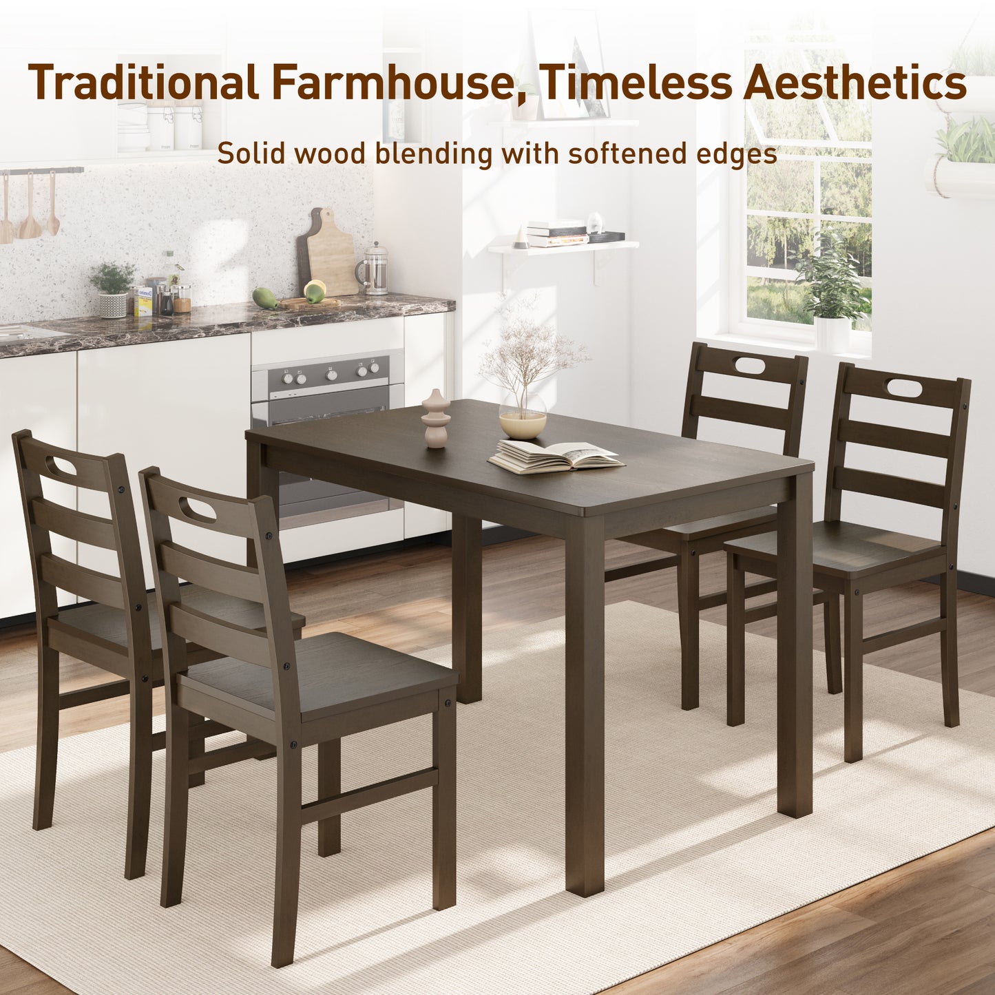 Captiva Designs 5 Pieces Dining Set with Solid Premium Rubberwood Rectangular Table & 4 Comfortable Chairs