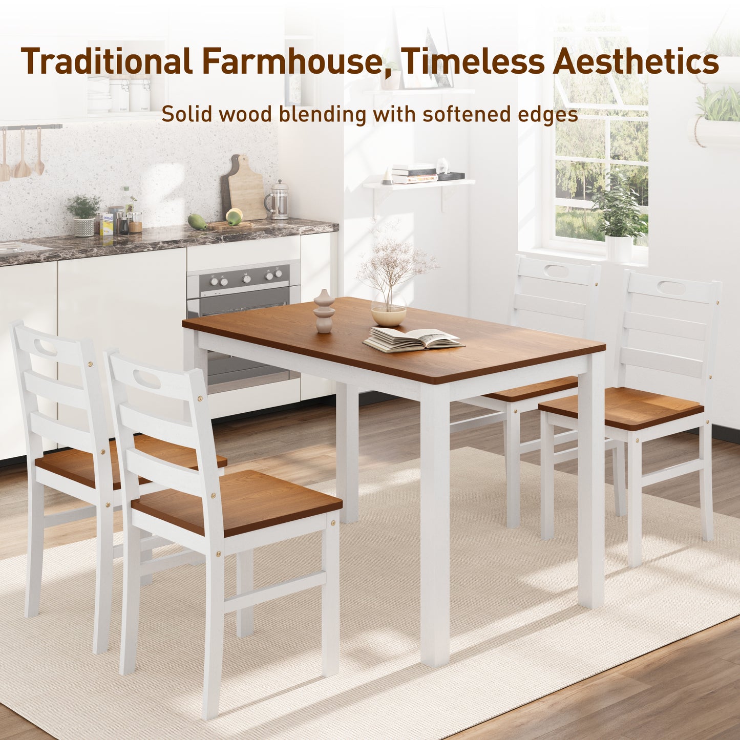 Captiva Designs 5 Pieces Dining Set with Solid Premium Rubberwood Rectangular Table & 4 Comfortable Chairs