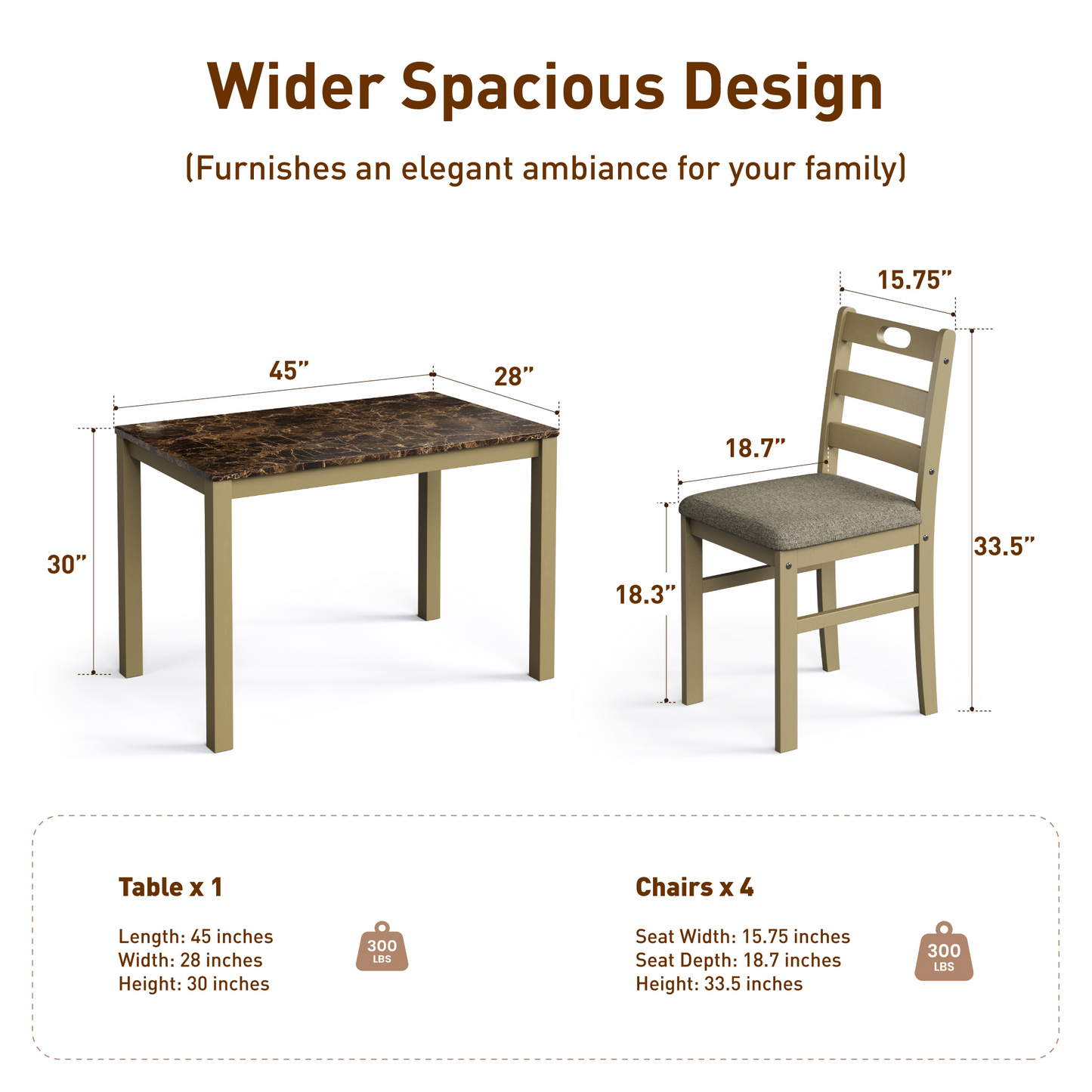 Captiva Designs 5 Pieces Dining Set with Solid Premium Rubberwood Rectangular Table & 4 Comfortable Chairs