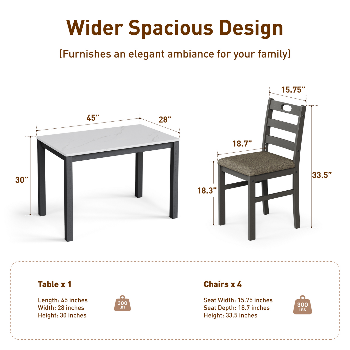 Captiva Designs 5 Pieces Dining Set with Solid Premium Rubberwood Rectangular Table & 4 Comfortable Chairs