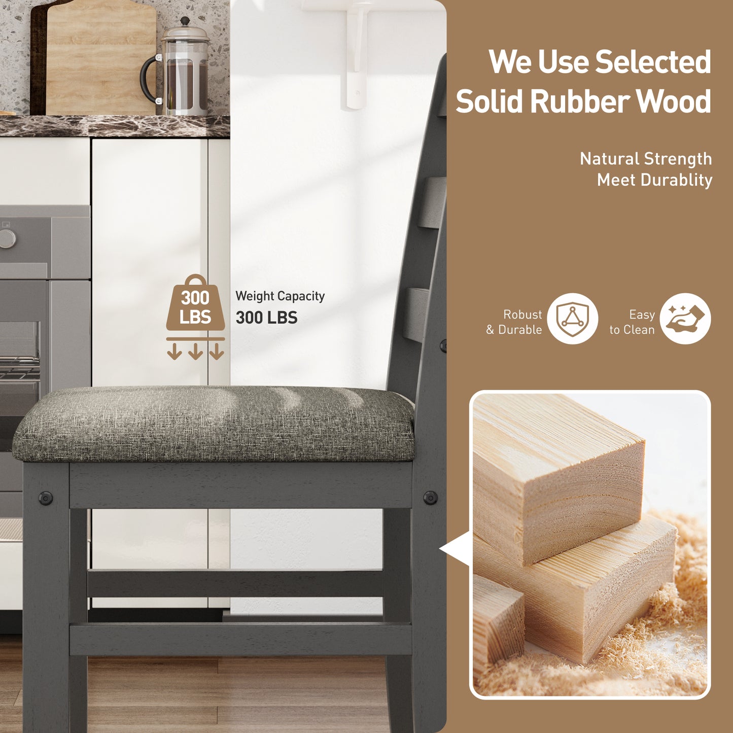 Captiva Designs 5 Pieces Dining Set with Solid Premium Rubberwood Rectangular Table & 4 Comfortable Chairs