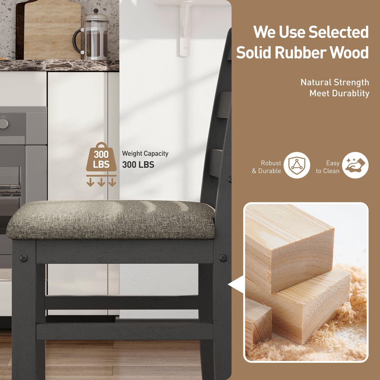 Captiva Designs 5 Pieces Dining Set with Solid Premium Rubberwood Rectangular Table & 4 Comfortable Chairs