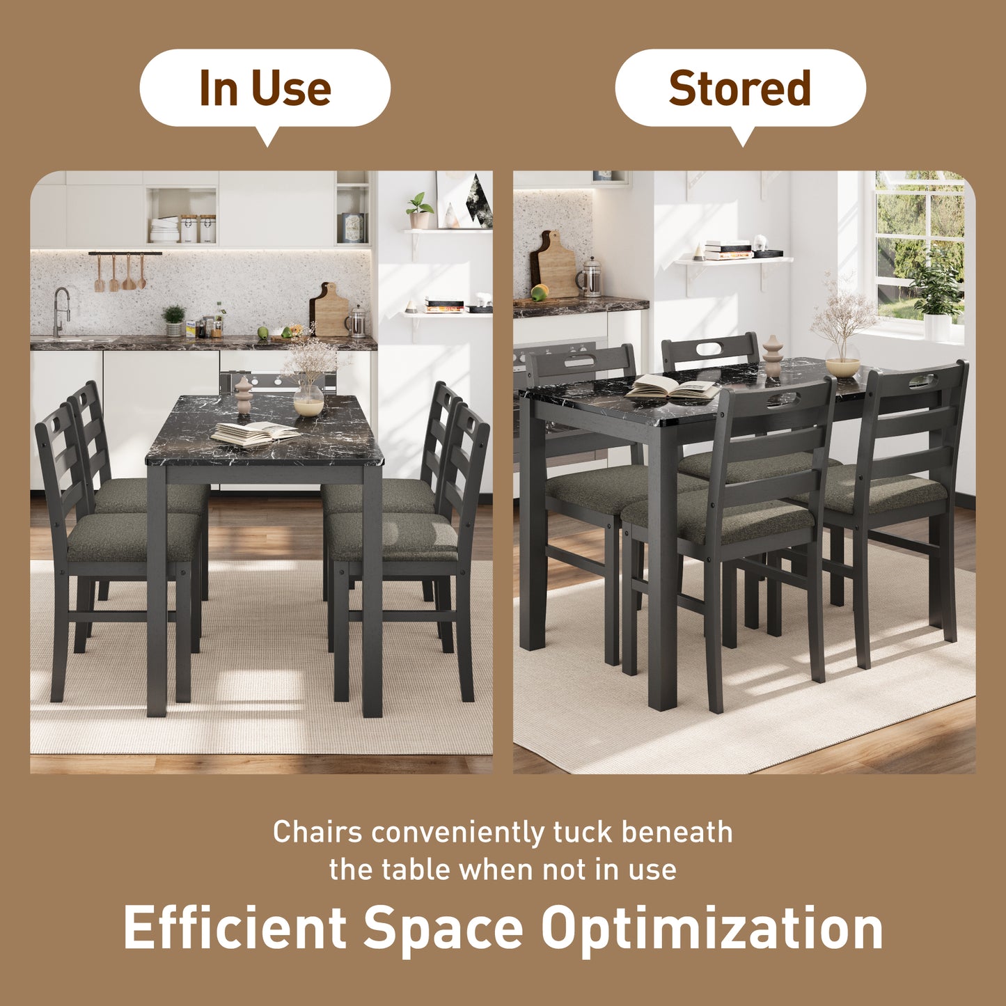Captiva Designs 5 Pieces Dining Set with Solid Premium Rubberwood Rectangular Table & 4 Comfortable Chairs