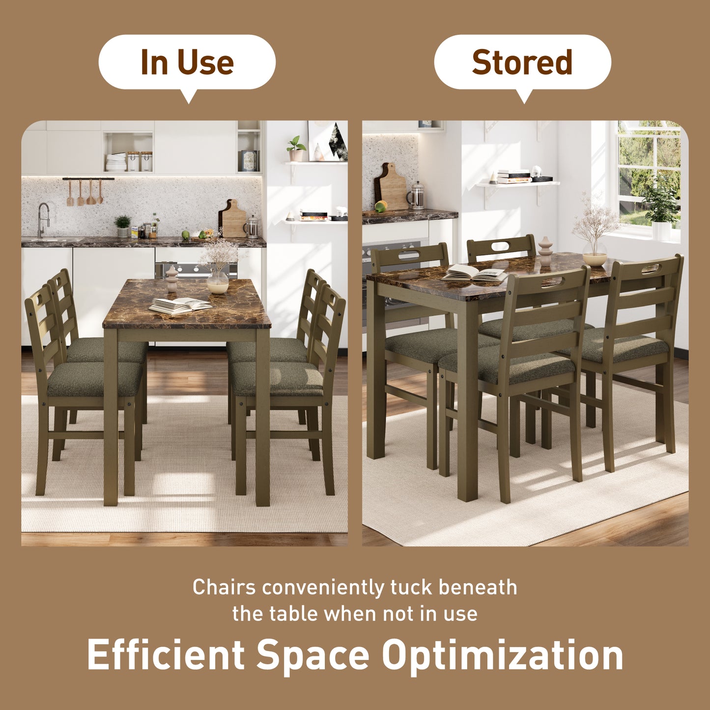Captiva Designs 5 Pieces Dining Set with Solid Premium Rubberwood Rectangular Table & 4 Comfortable Chairs