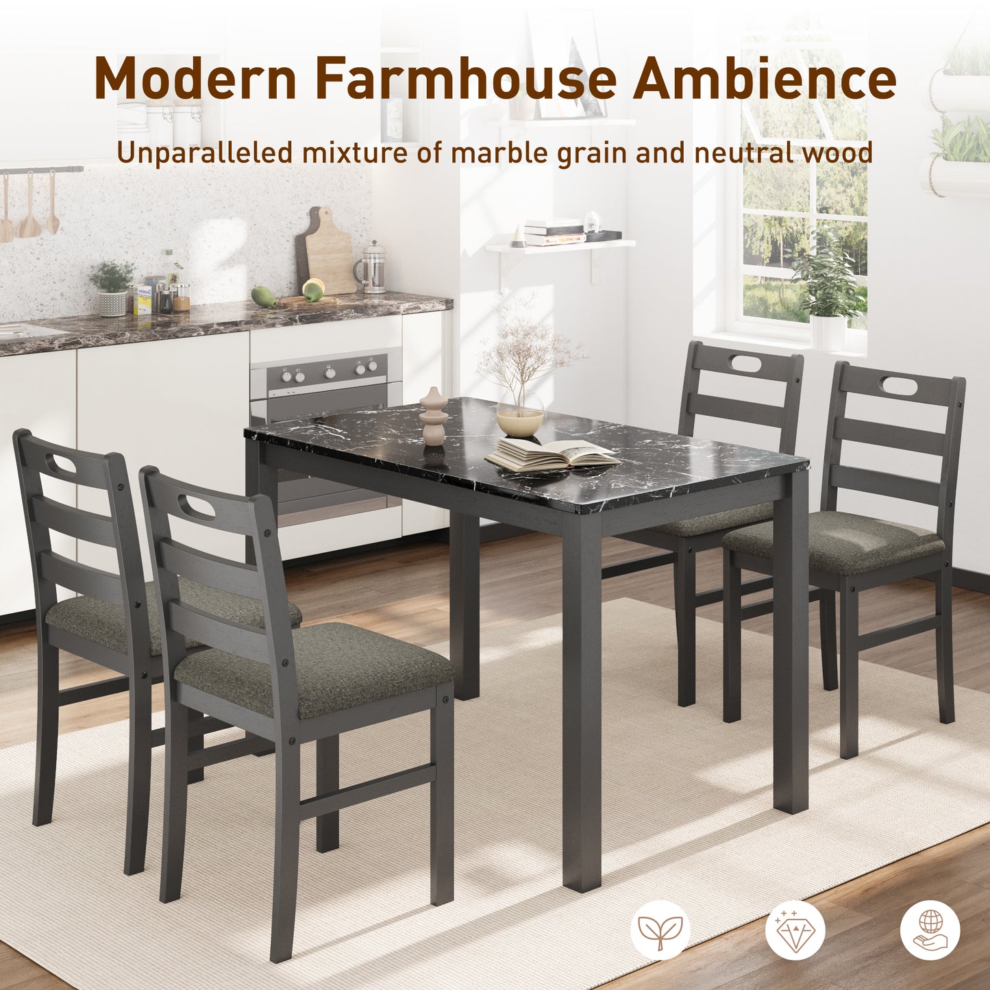 Captiva Designs 5 Pieces Dining Set with Solid Premium Rubberwood Rectangular Table & 4 Comfortable Chairs