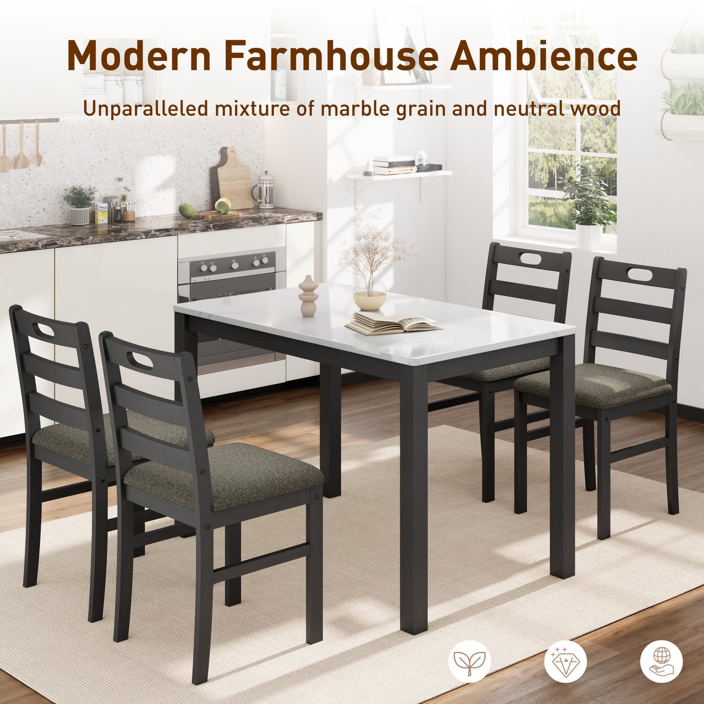 Captiva Designs 5 Pieces Dining Set with Solid Premium Rubberwood Rectangular Table & 4 Comfortable Chairs