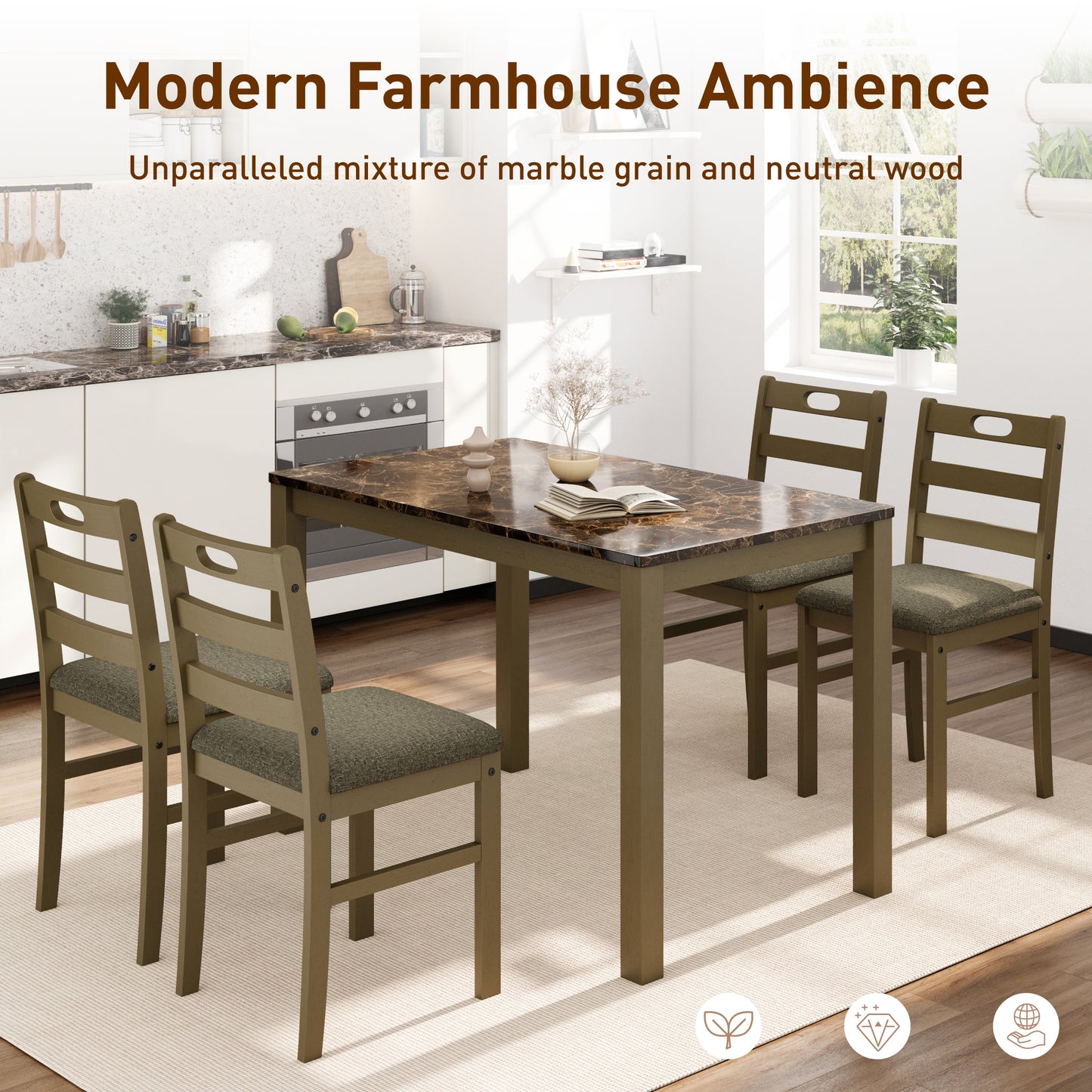 Captiva Designs 5 Pieces Dining Set with Solid Premium Rubberwood Rectangular Table & 4 Comfortable Chairs