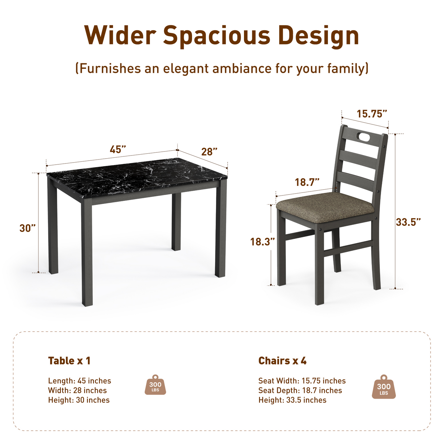 Captiva Designs 5 Pieces Dining Set with Solid Premium Rubberwood Rectangular Table & 4 Comfortable Chairs