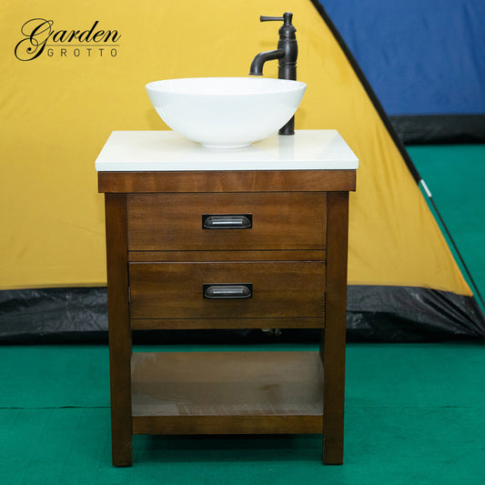 Garden Grotto Bath Vanity in Rustic Brown with Carrara White Engineered Stone Vanity Top with White Sink