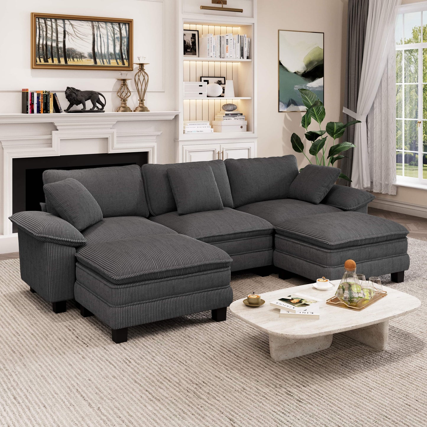Captiva Designs Cloud Modular Sectional Sofa, 123.6" U-Shaped 5-Seater with 2 Ottomans