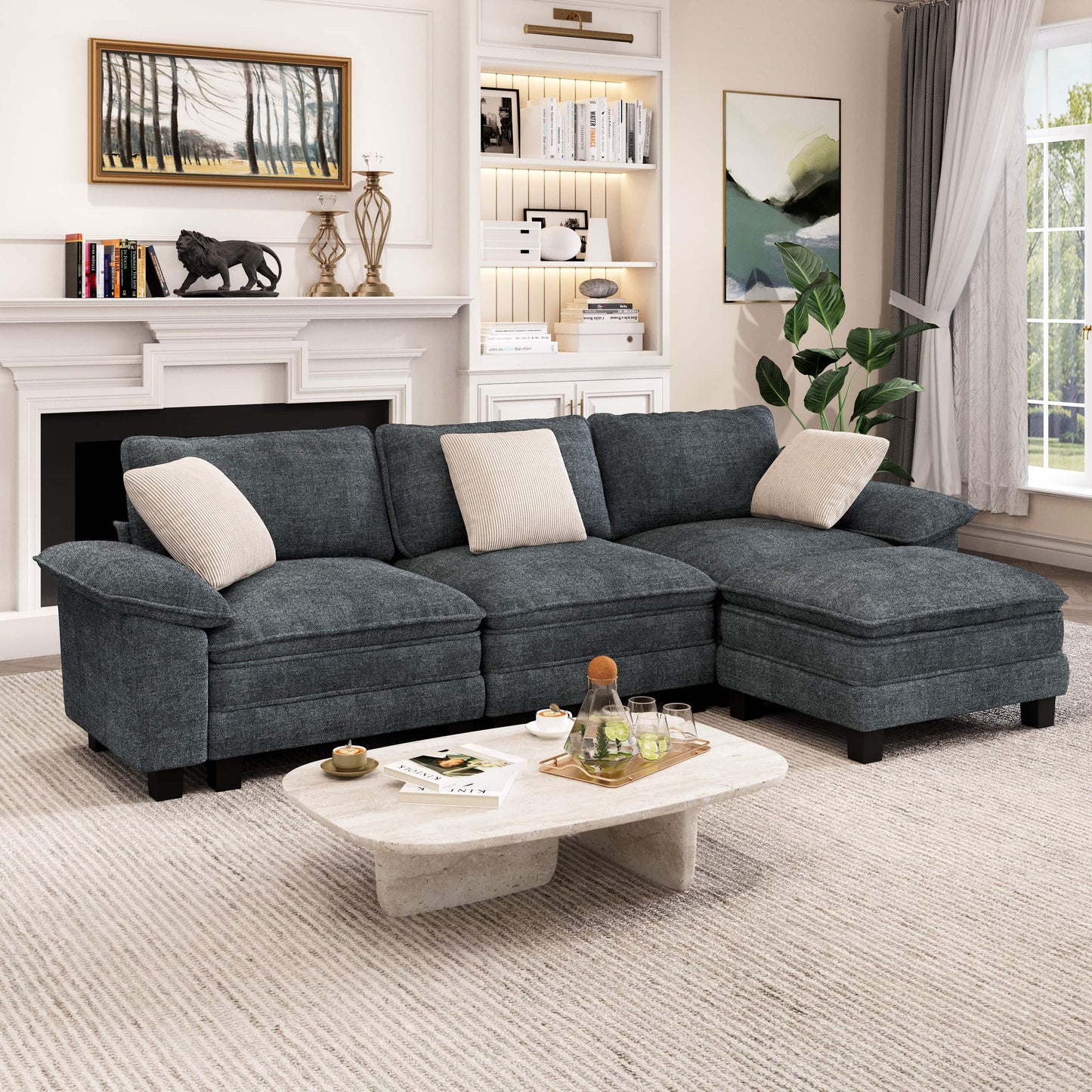 Captiva Designs Cloud Modular 4-Seater Sectional Sofa with L-Shaped Chaise and Movable Ottoman, Living Room Couch