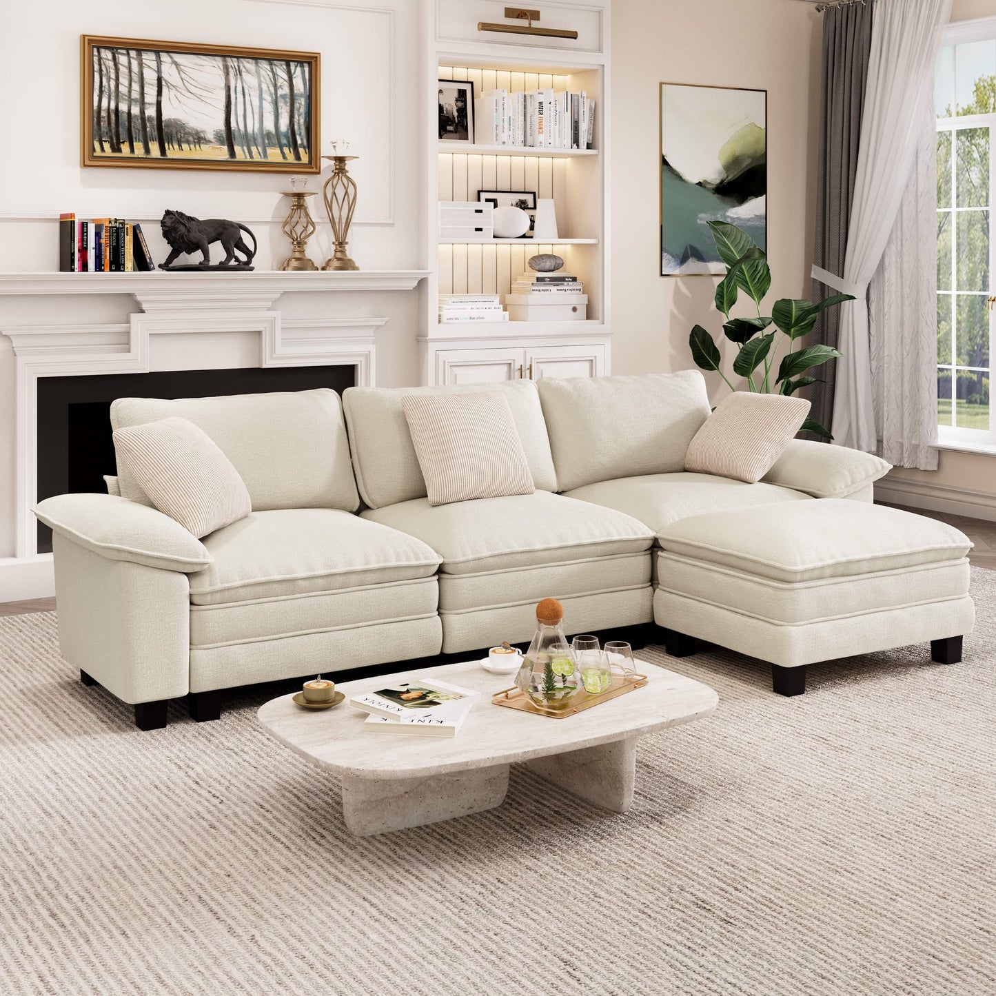 Captiva Designs Cloud Modular 4-Seater Sectional Sofa with L-Shaped Chaise and Movable Ottoman, Living Room Couch