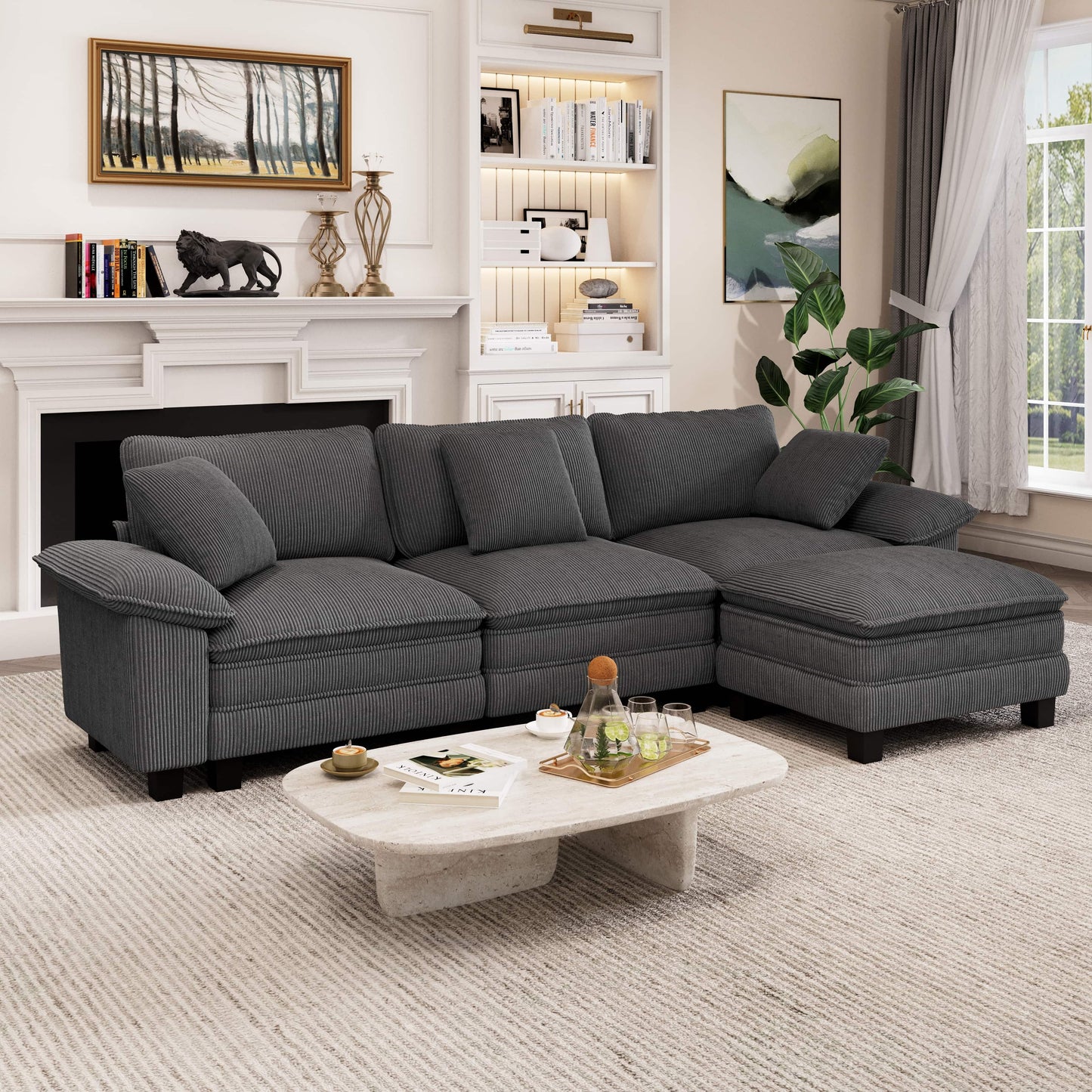 Captiva Designs Cloud Modular 4-Seater Sectional Sofa with L-Shaped Chaise and Movable Ottoman, Living Room Couch