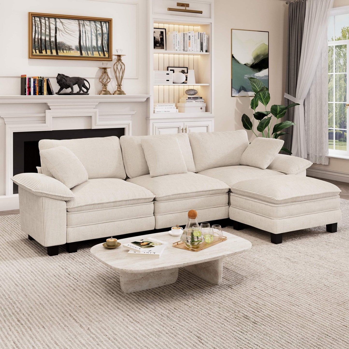 Captiva Designs Cloud Modular 4-Seater Sectional Sofa with L-Shaped Chaise and Movable Ottoman, Living Room Couch
