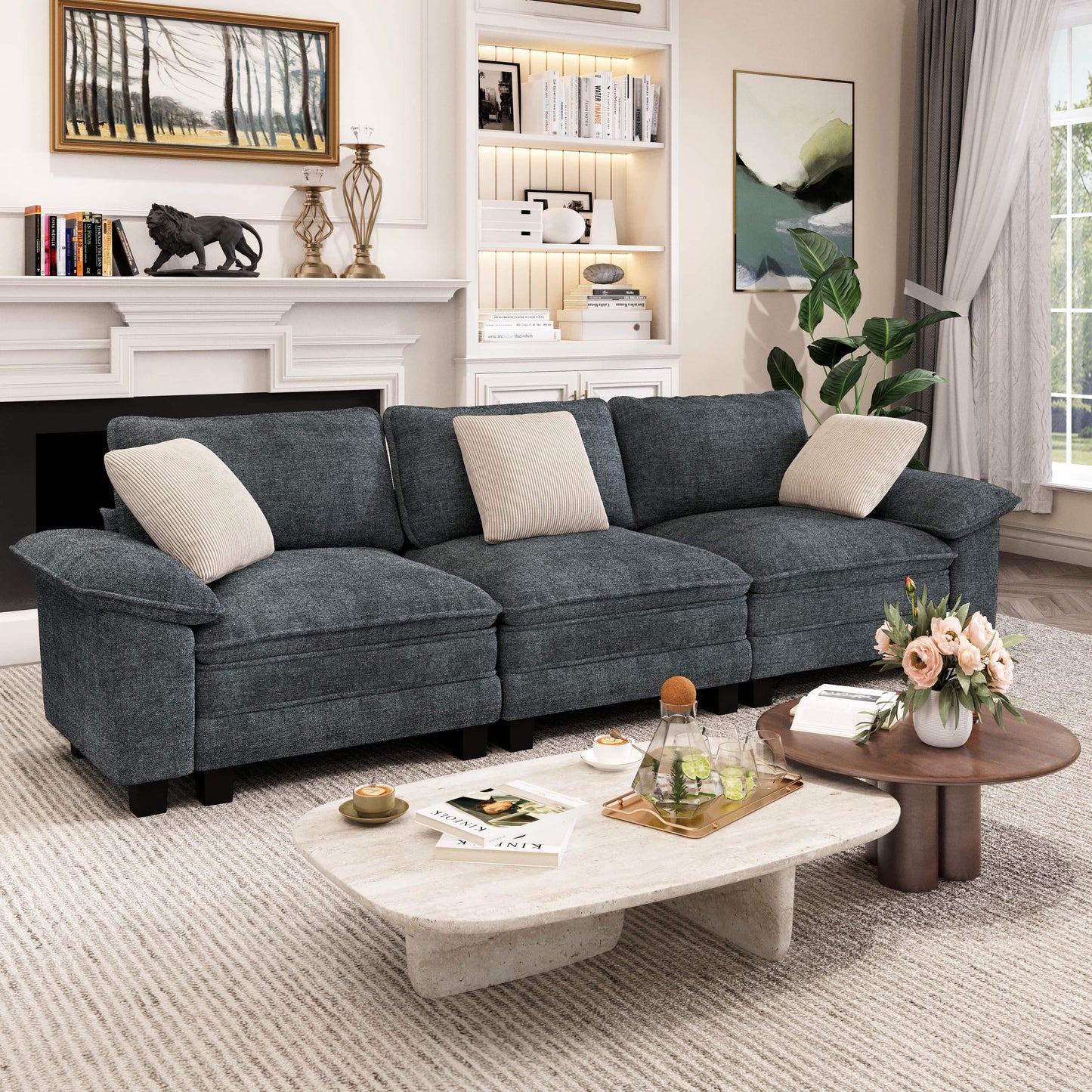 Captiva Designs 123.6" Cloud Modular Sofa, 3-Seater Deep Seat Sectional Couch for Living Room