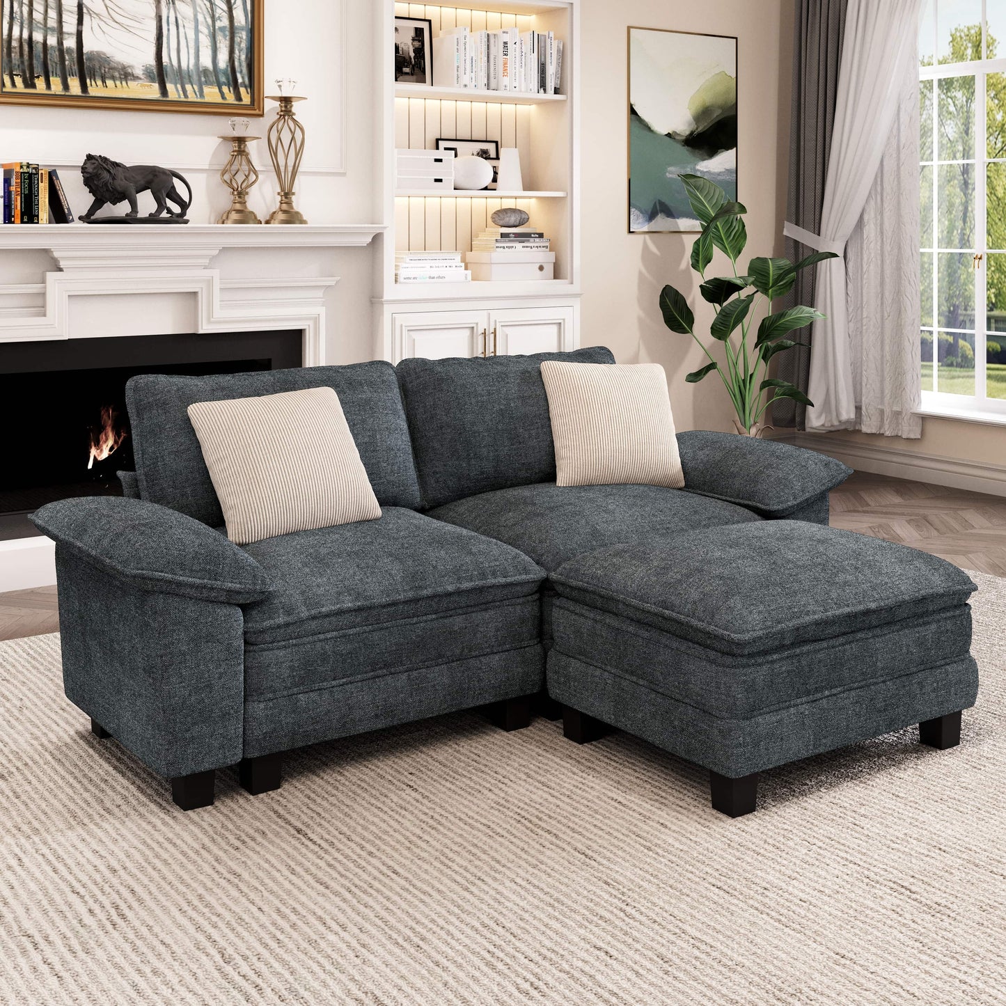 Captiva Designs Cloud Modular 3PC Sectional Loveseat Sofa Set, 87.5" Comfy Couches with 1 Movable Ottoman for Living Room Apartment