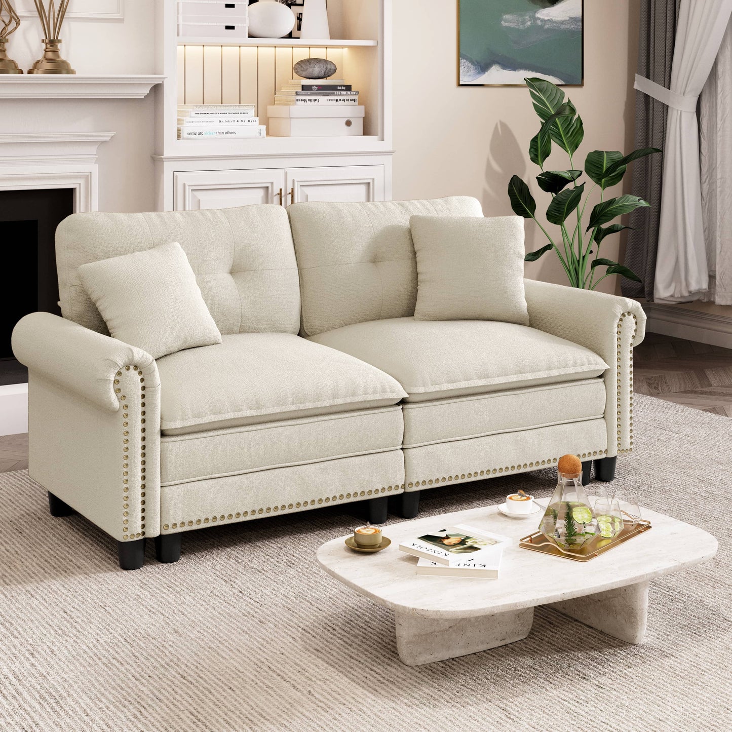 Captiva Designs Mid-Century Modern Modular Cloud Couch with Ottoman, Deep Seat Sectional Sofa with Throw Pillows